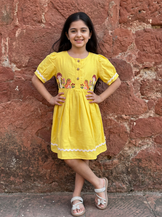 Kids Yellow Front Open Dress with Dinosaur Embroidery & Wooden Buttons