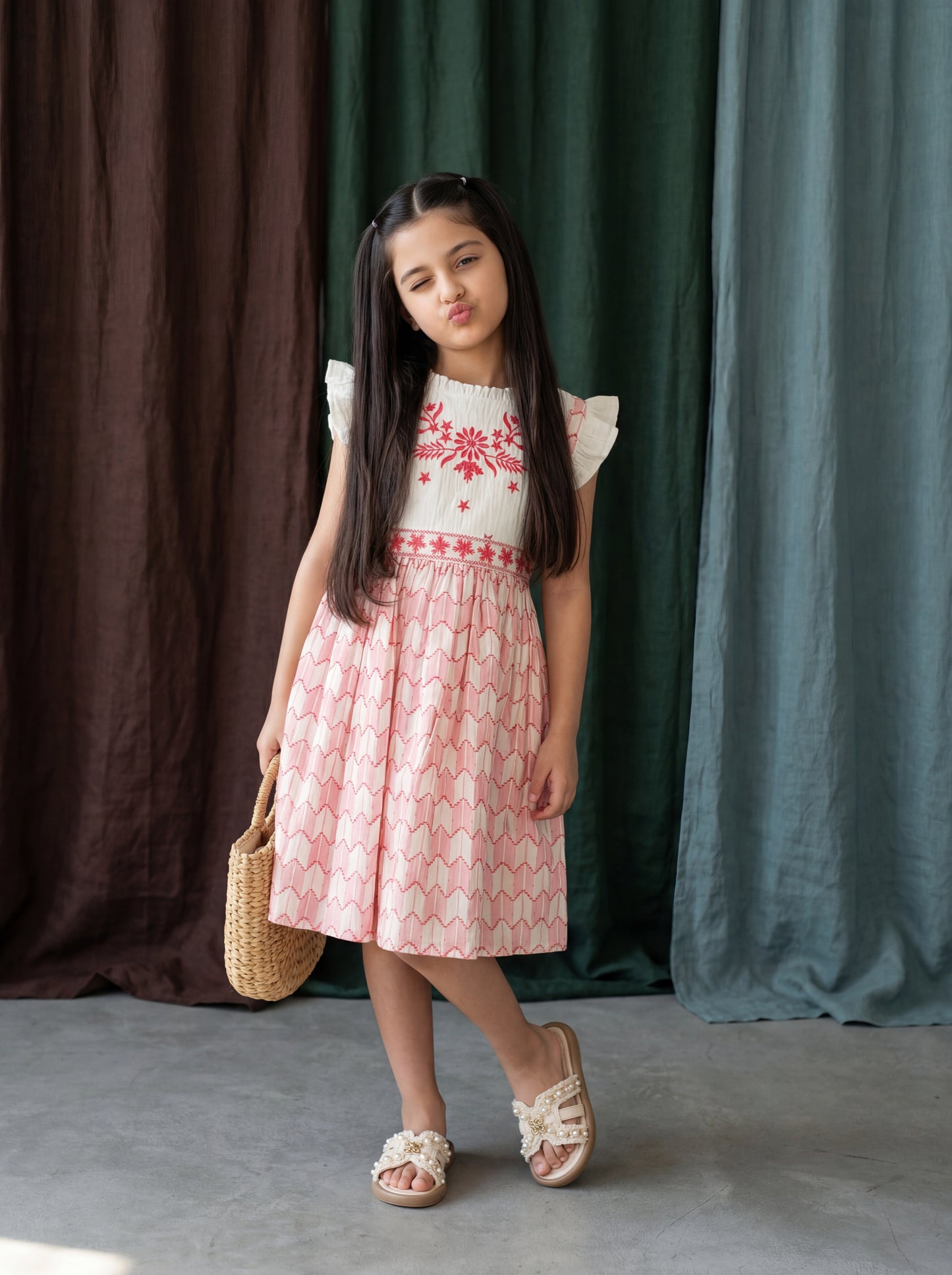 Cherry Red Cotton Jacquard Dress with Embroidered Yoke – Festive Kids Frock