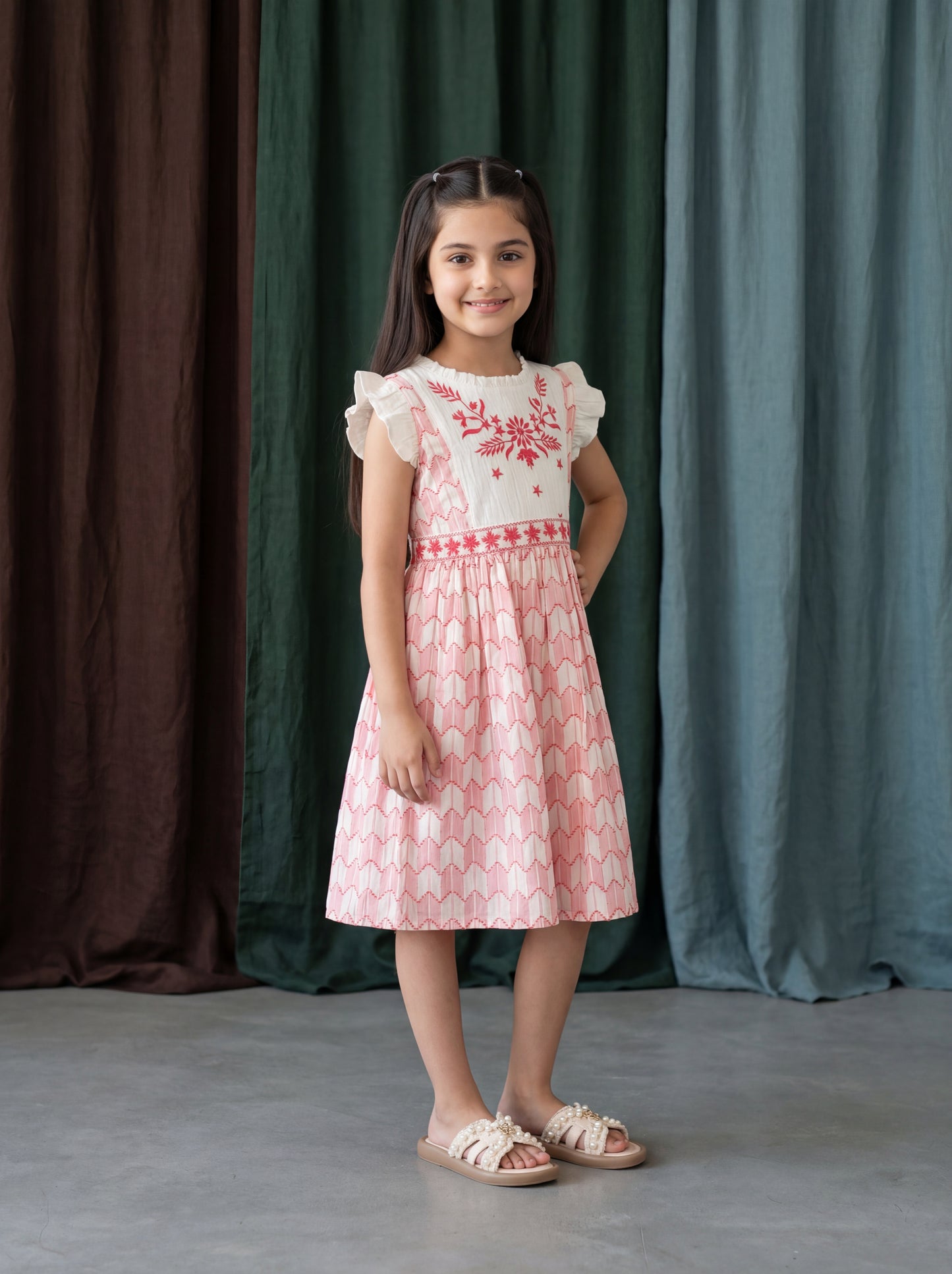 Cherry Red Cotton Jacquard Dress with Embroidered Yoke – Festive Kids Frock