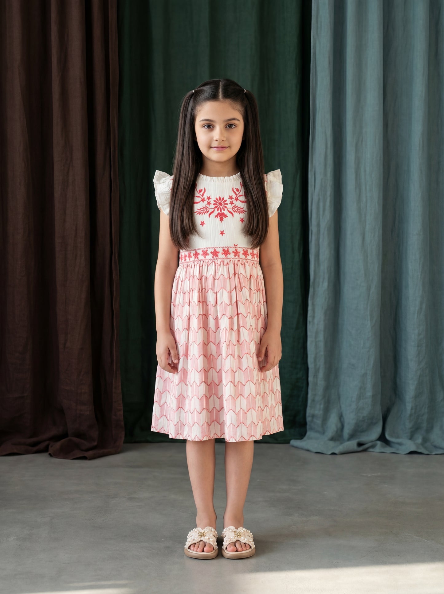 Cherry Red Cotton Jacquard Dress with Embroidered Yoke – Festive Kids Frock