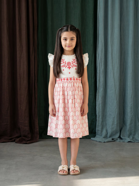 Cherry Red Cotton Jacquard Dress with Embroidered Yoke – Festive Kids Frock