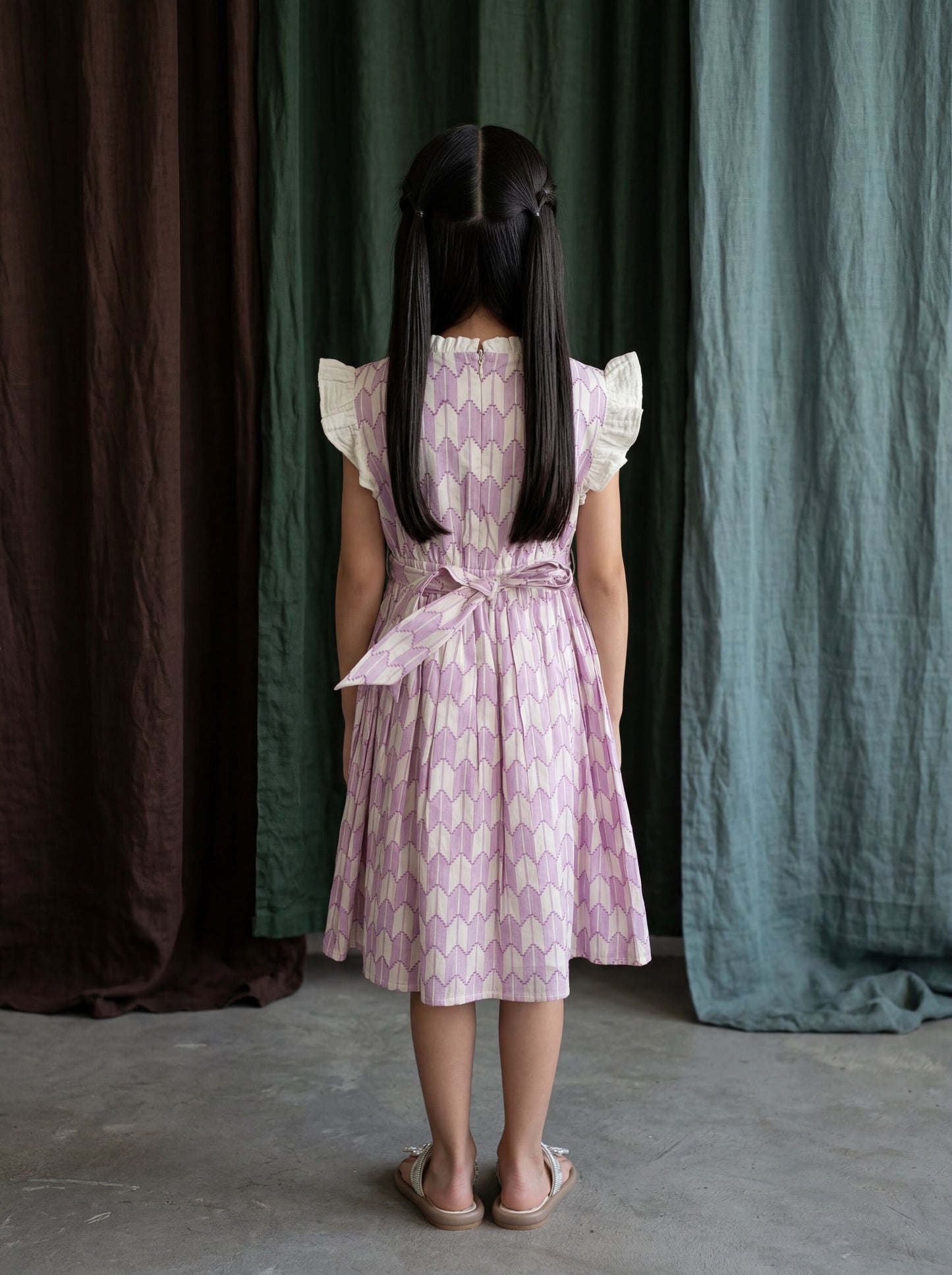 Elegant Lavender Cotton Jacquard Frock with Detailed Embroidered Yoke for Girls