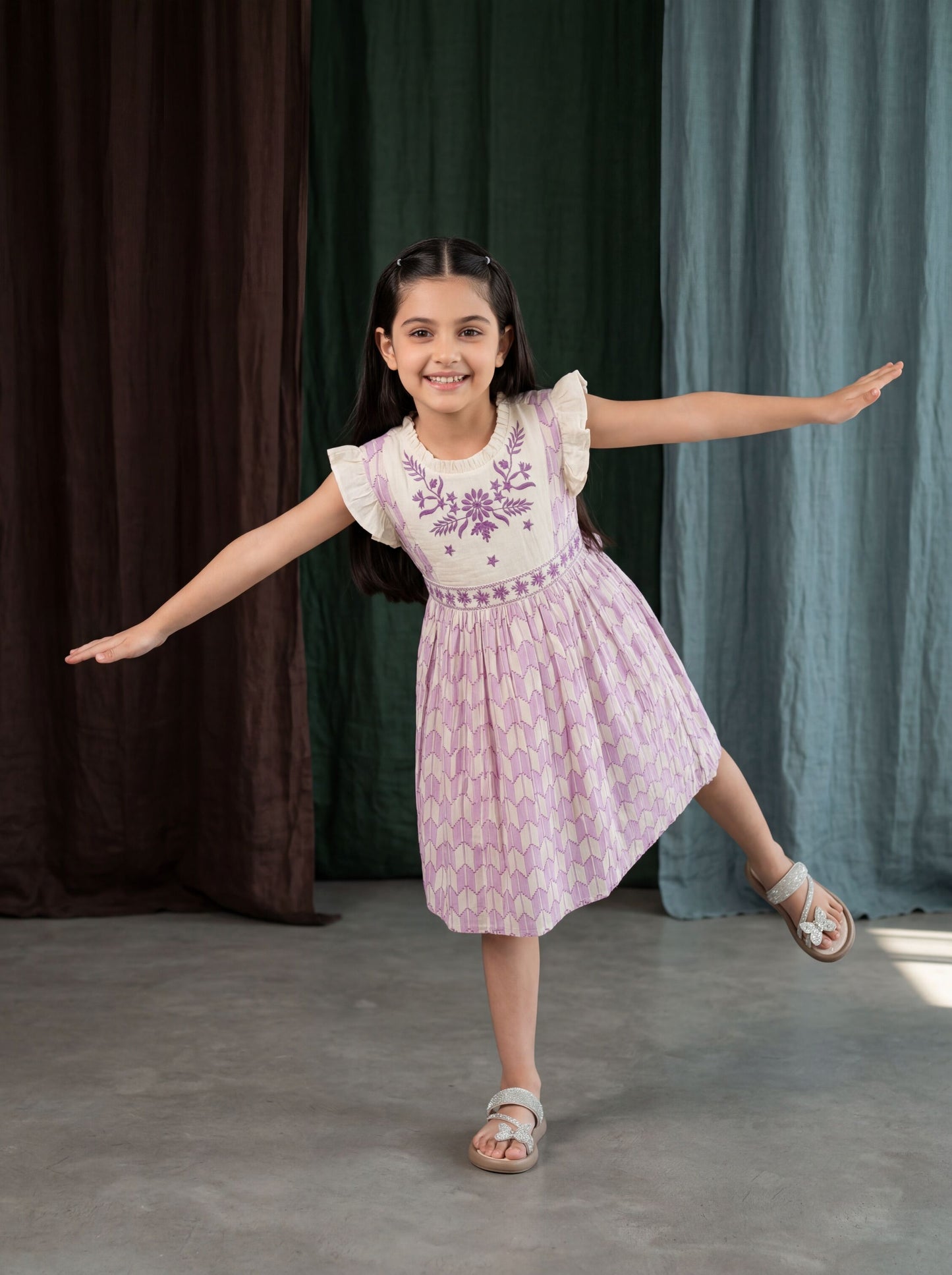 Elegant Lavender Cotton Jacquard Frock with Detailed Embroidered Yoke for Girls