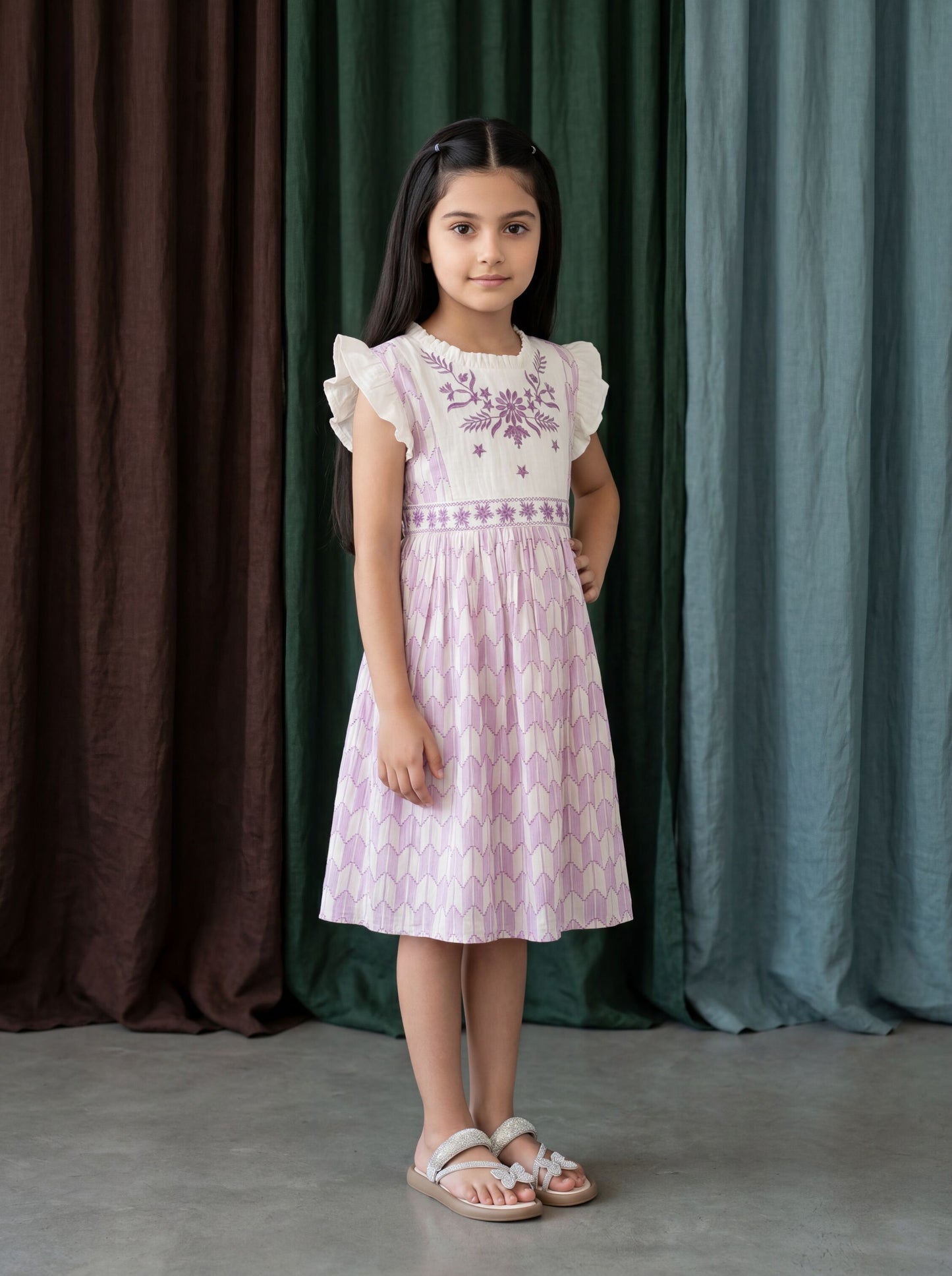 Elegant Lavender Cotton Jacquard Frock with Detailed Embroidered Yoke for Girls