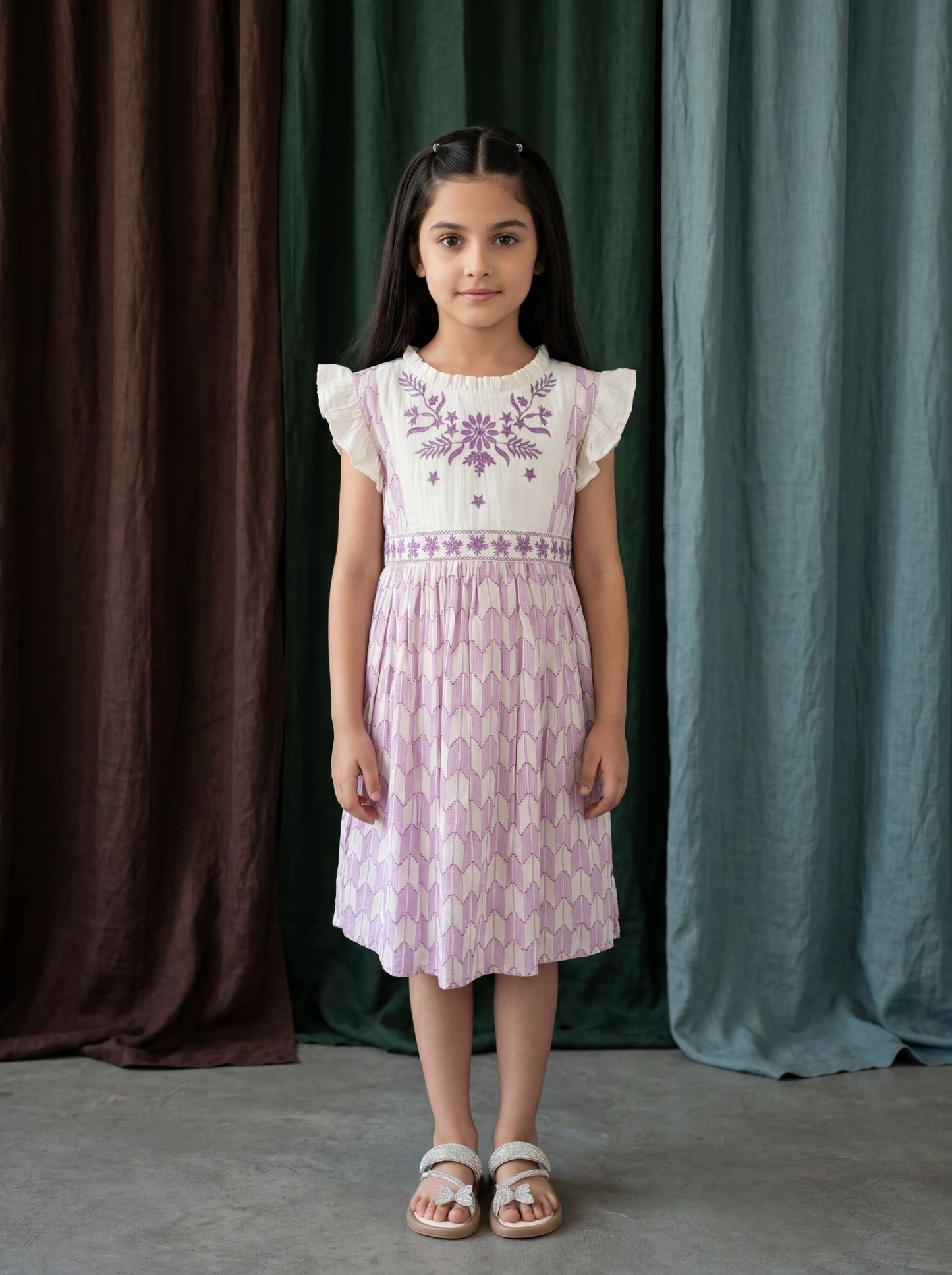 Elegant Lavender Cotton Jacquard Frock with Detailed Embroidered Yoke for Girls