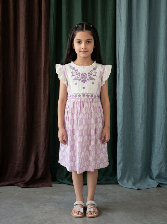 Elegant Lavender Cotton Jacquard Frock with Detailed Embroidered Yoke for Girls