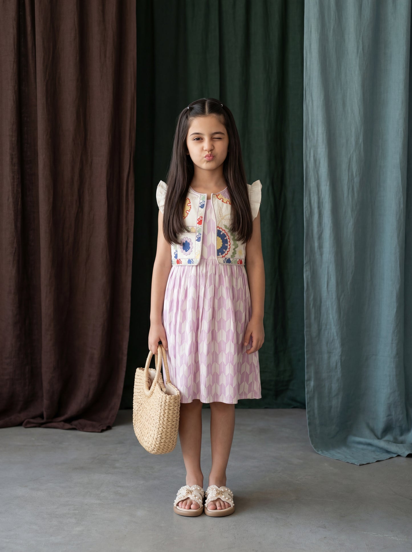 Women’s Sleeveless Cotton Jacquard Frock with Linen Embroidered Overlay Jacket