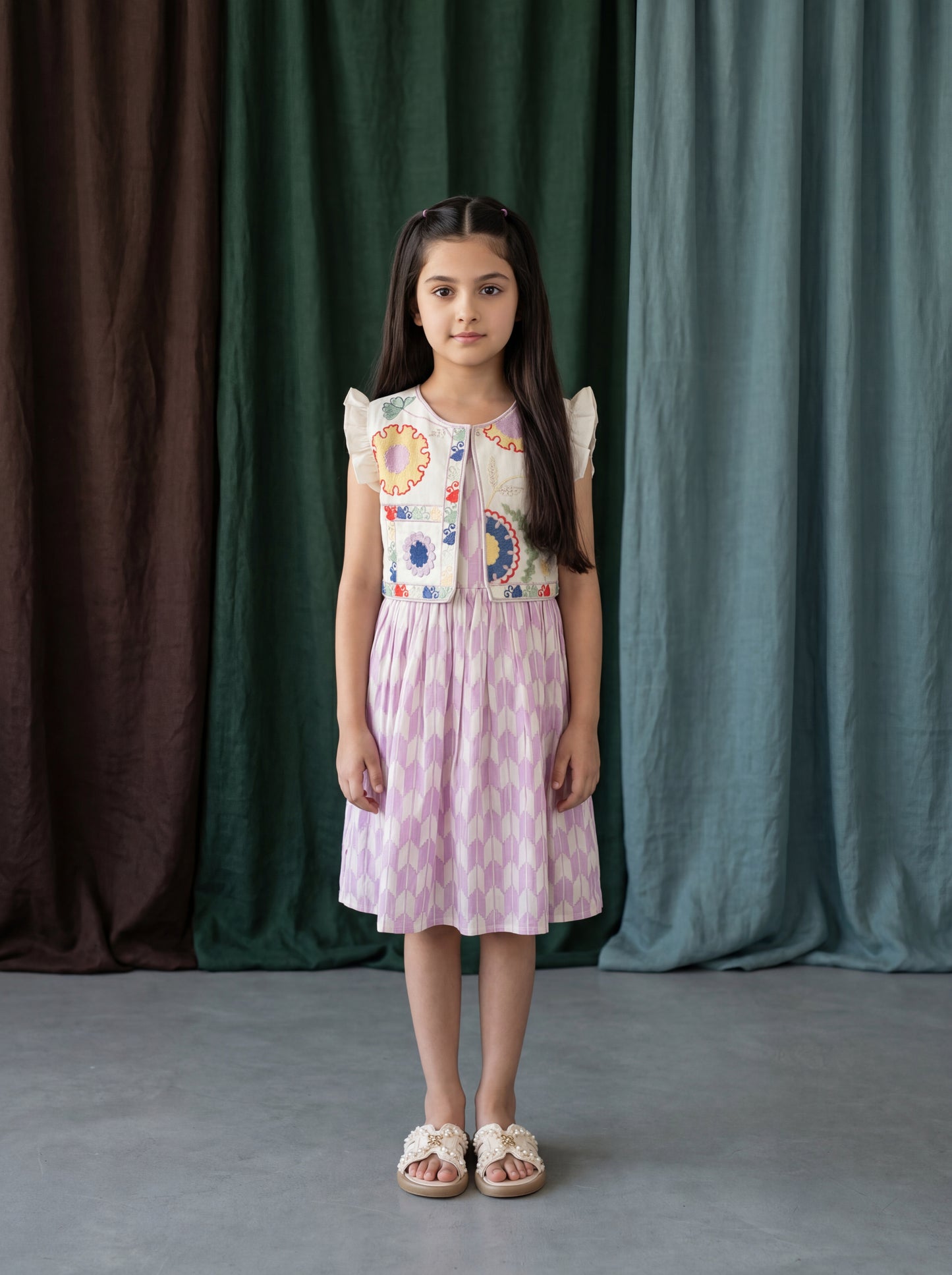 Women’s Sleeveless Cotton Jacquard Frock with Linen Embroidered Overlay Jacket