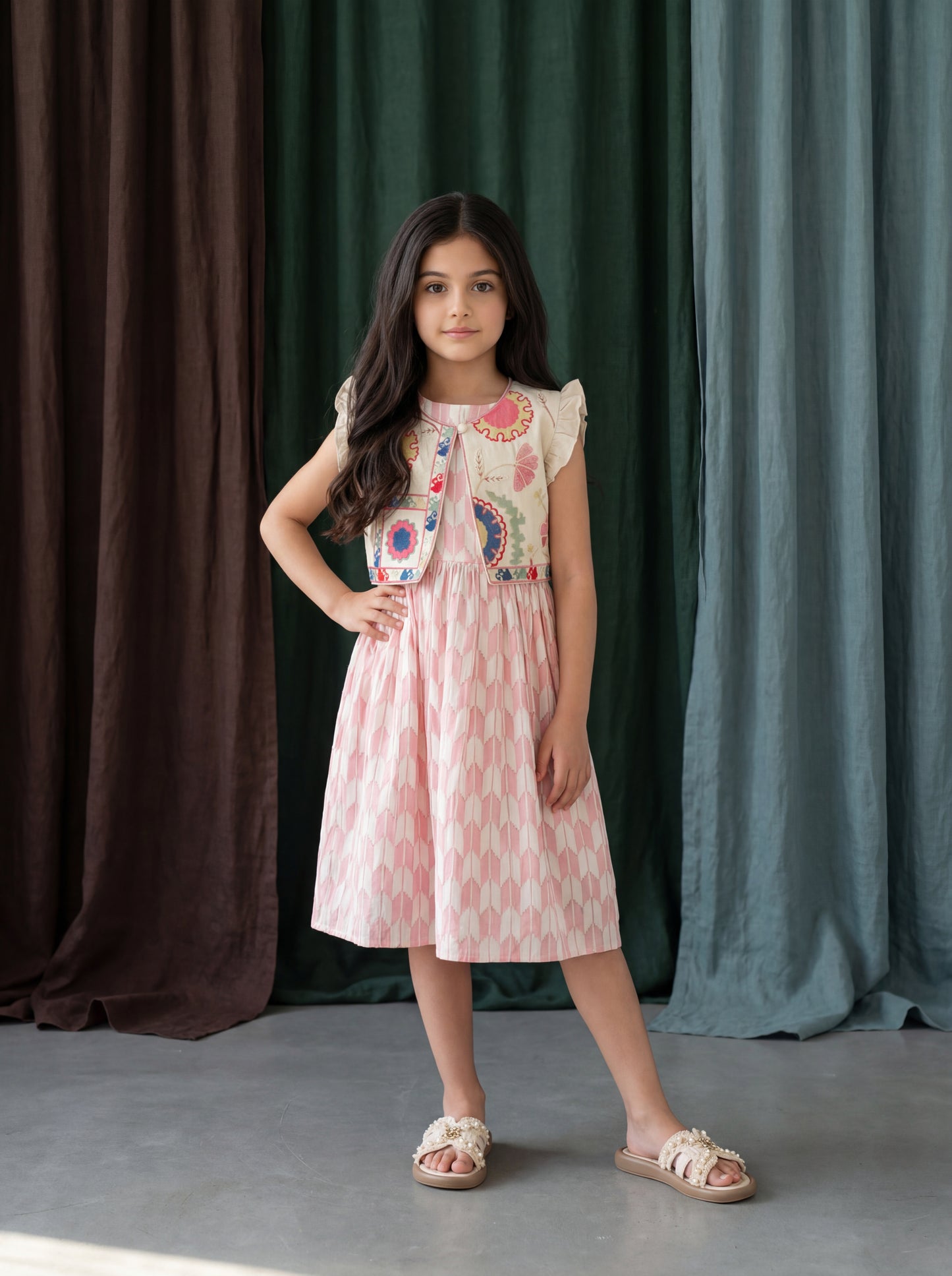 Elegant Cotton Jacquard Sleeveless Dress with Linen Embroidered Jacket for Girls