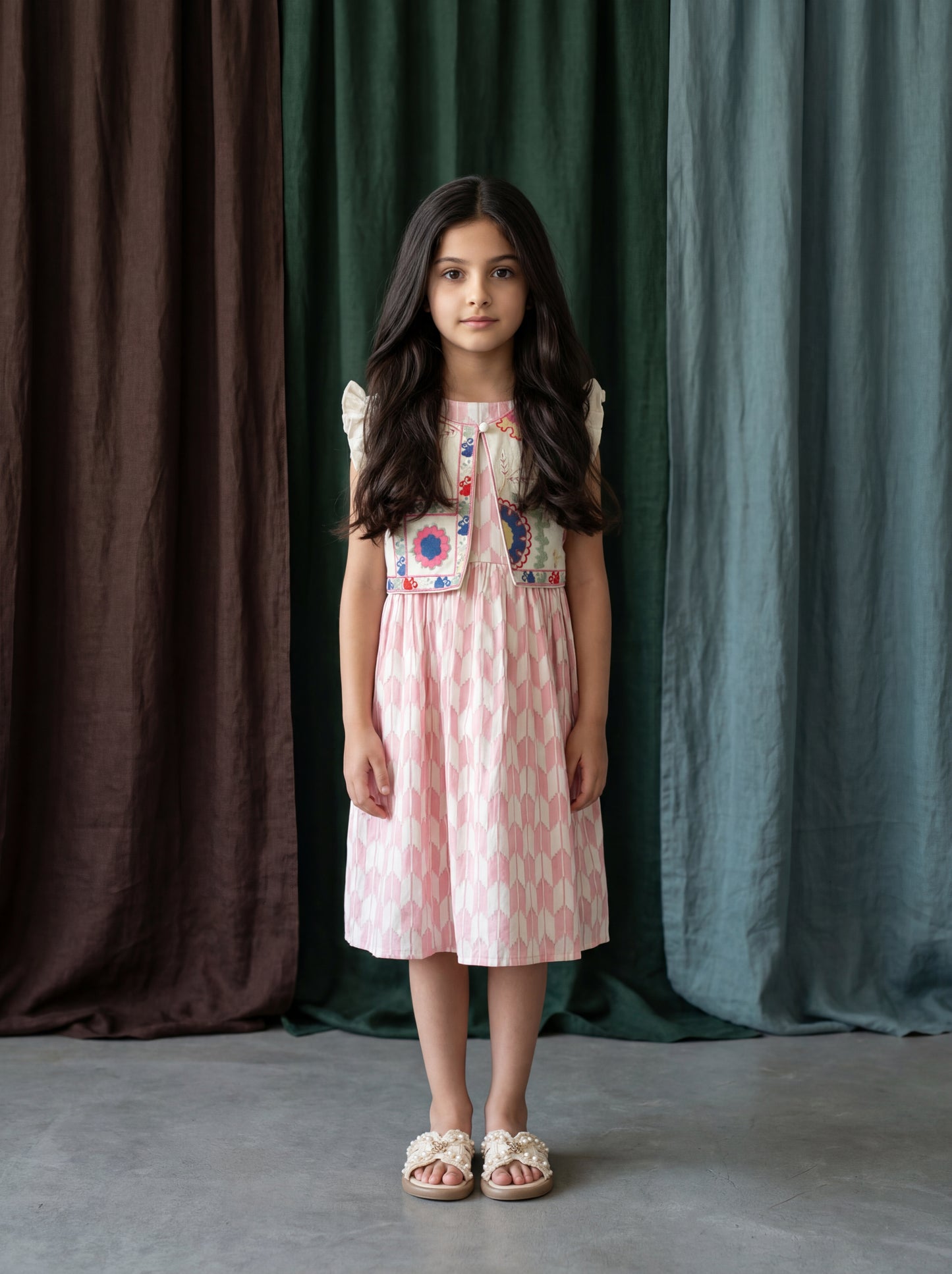 Elegant Cotton Jacquard Sleeveless Dress with Linen Embroidered Jacket for Girls