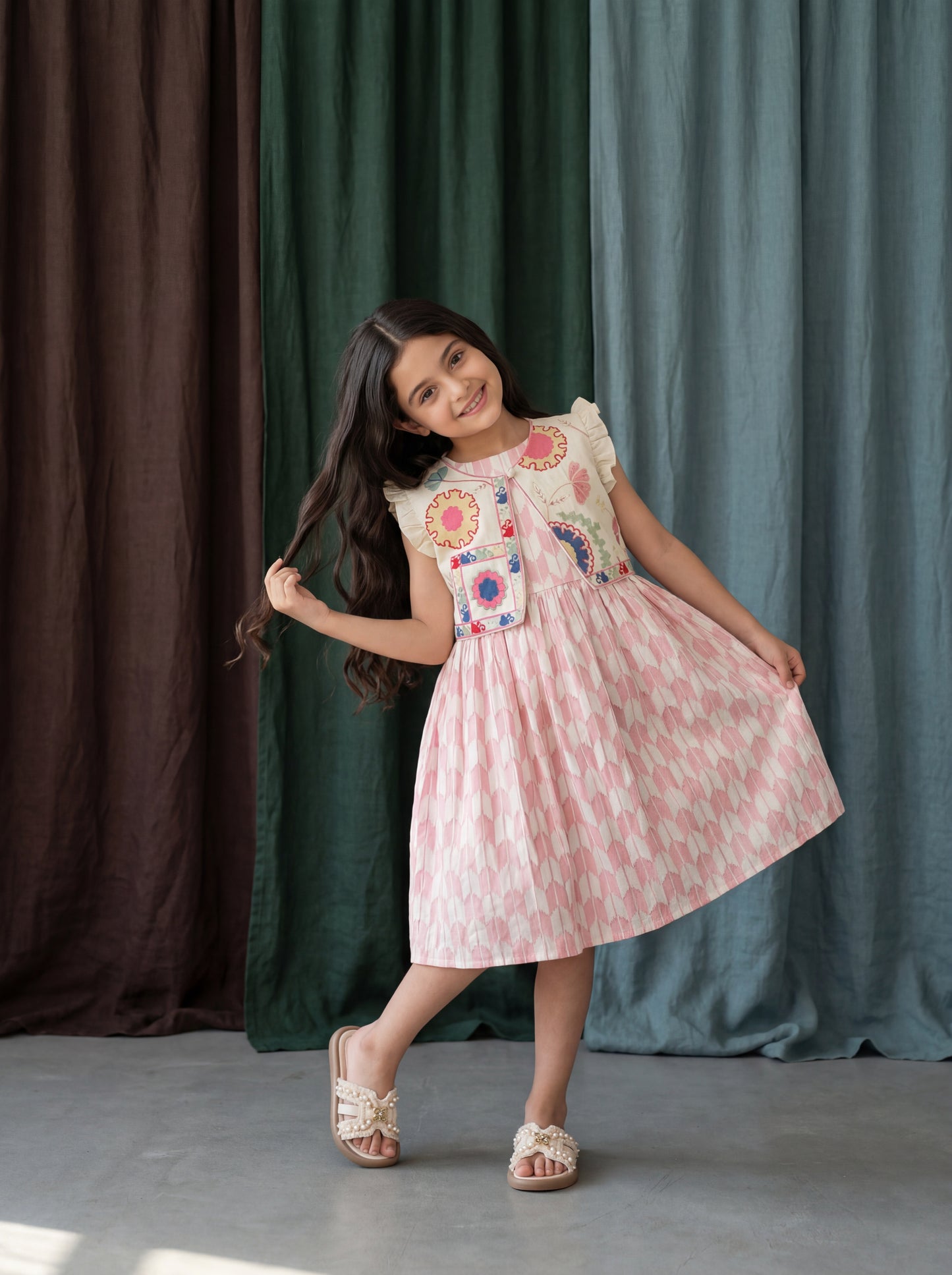 Elegant Cotton Jacquard Sleeveless Dress with Linen Embroidered Jacket for Girls