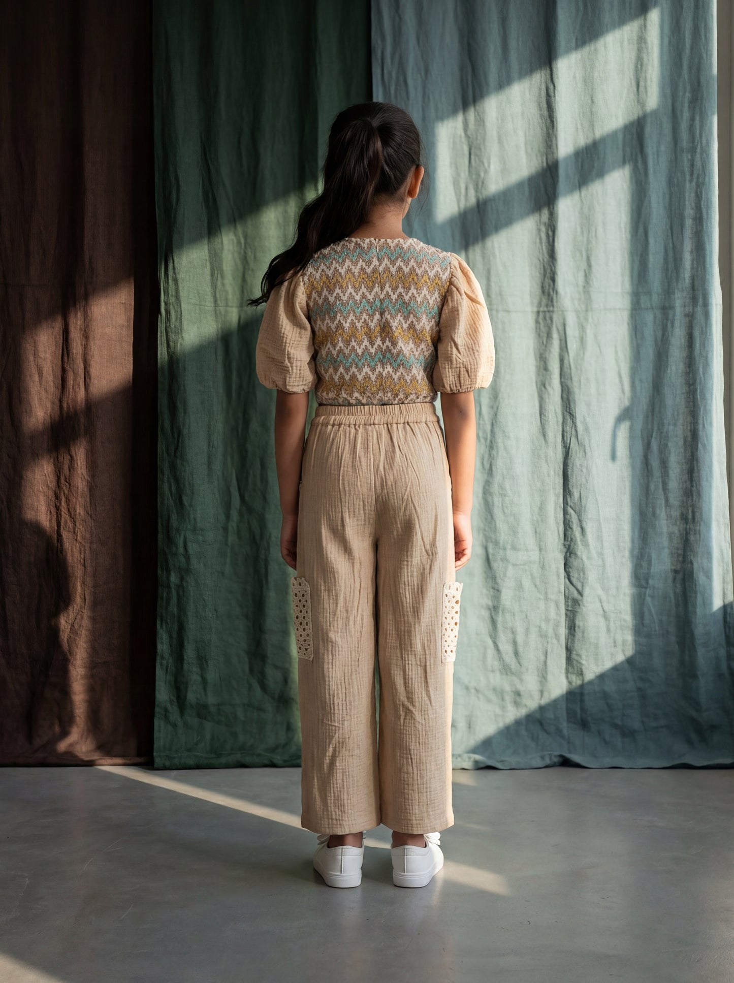 Crochet Co-ord Set: Balloon Sleeve Crop Top with Straight Pants Featuring Crochet Pockets