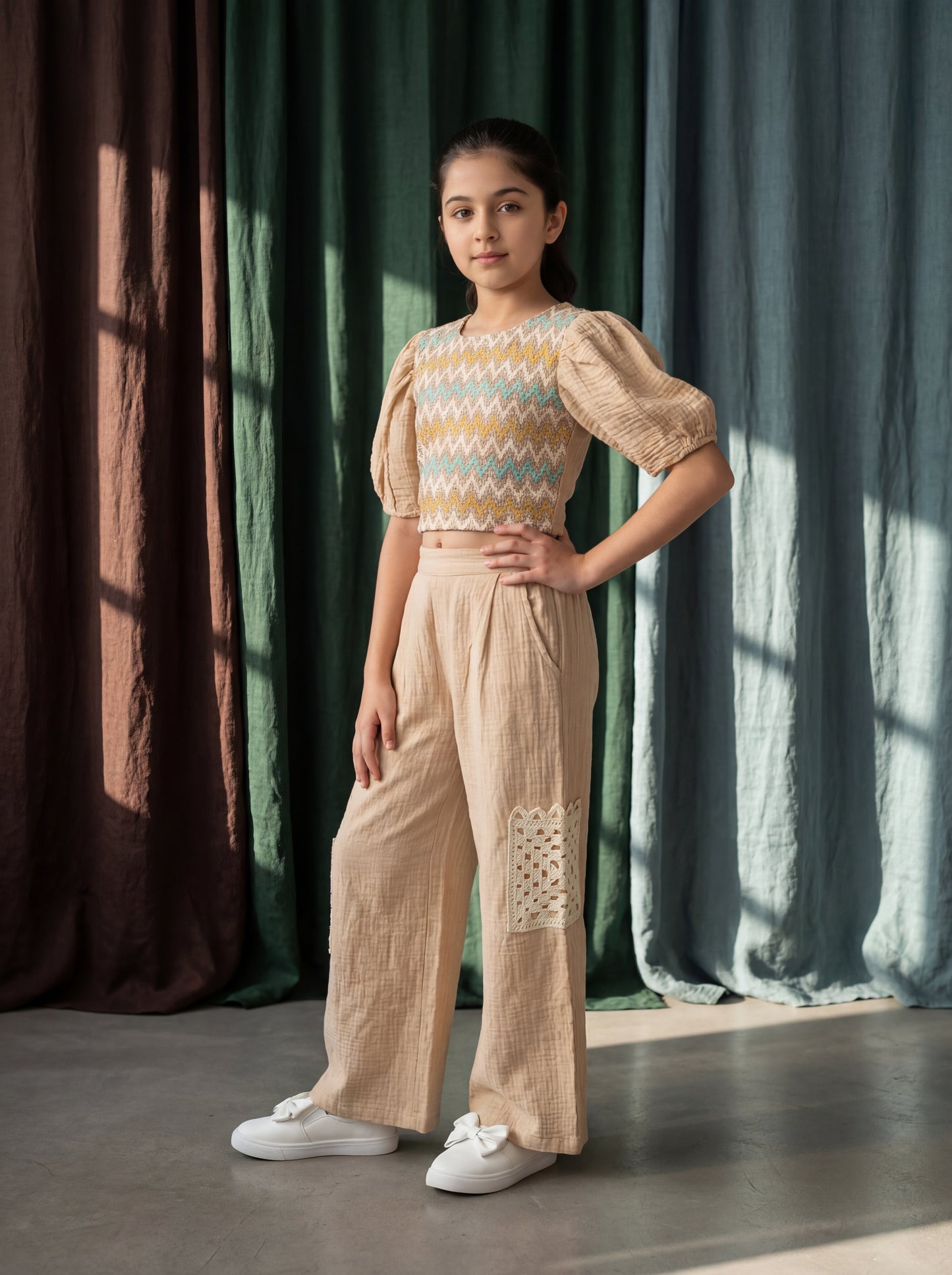Crochet Co-ord Set: Balloon Sleeve Crop Top with Straight Pants Featuring Crochet Pockets