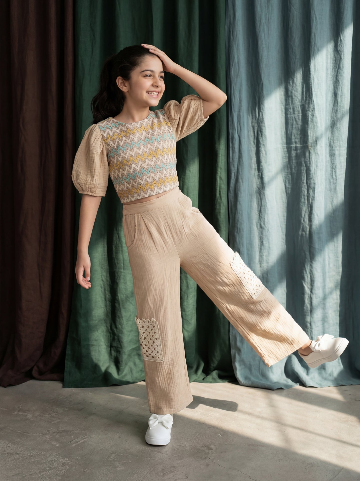 Crochet Co-ord Set: Balloon Sleeve Crop Top with Straight Pants Featuring Crochet Pockets