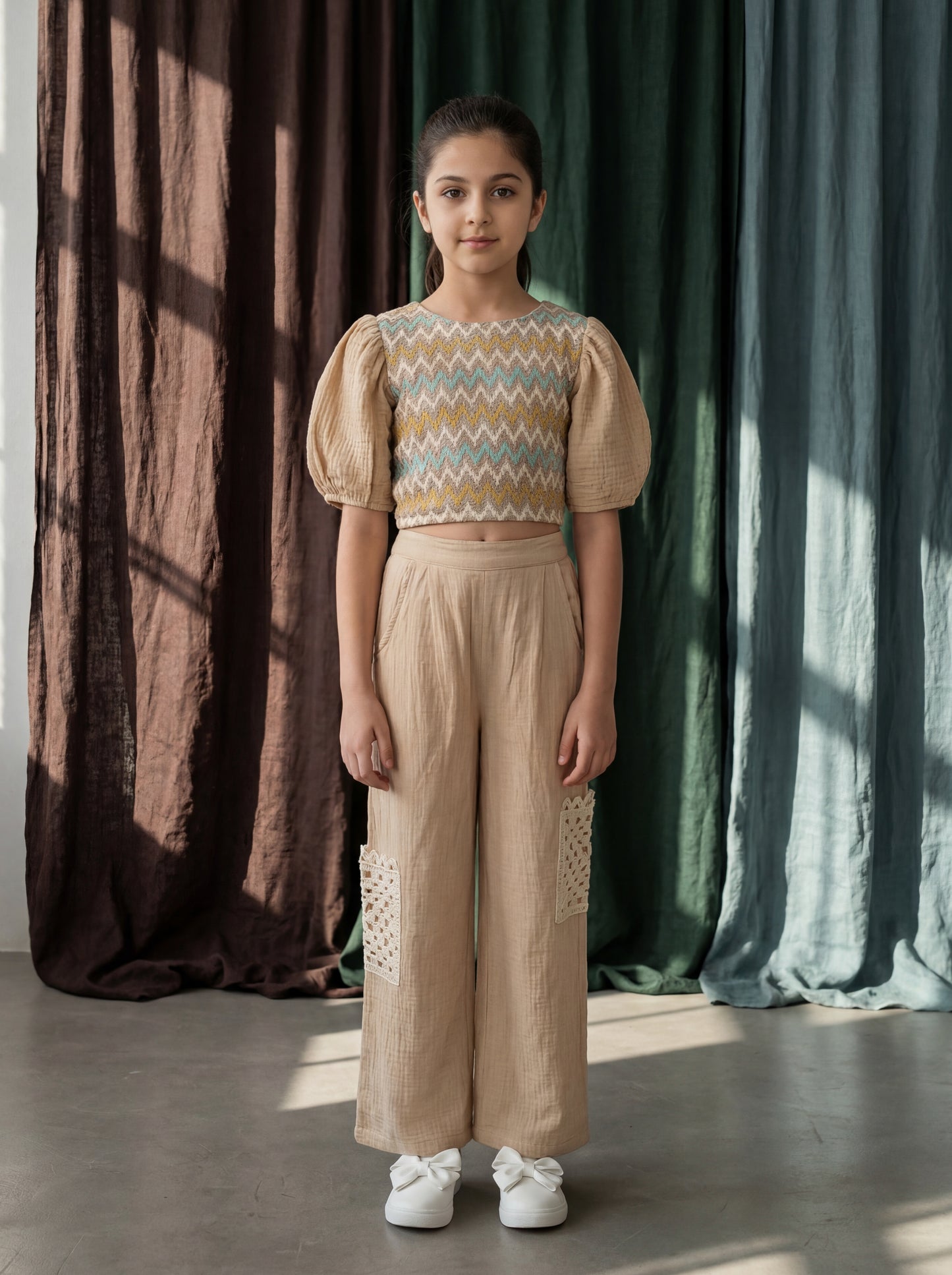 Crochet Co-ord Set: Balloon Sleeve Crop Top with Straight Pants Featuring Crochet Pockets