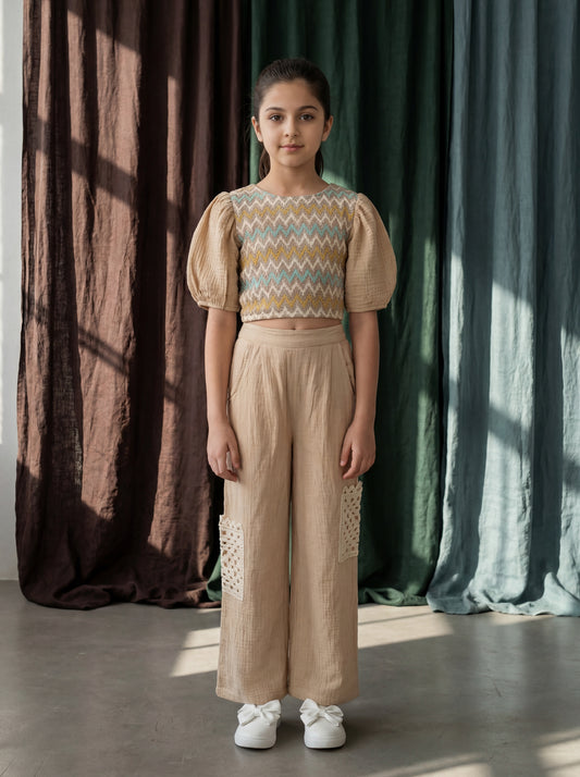 Crochet Co-ord Set: Balloon Sleeve Crop Top with Straight Pants Featuring Crochet Pockets