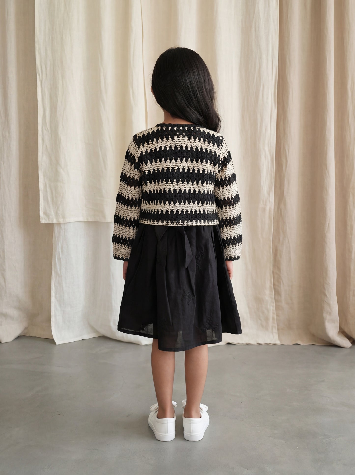 Black Linen Embroidered Dress with Handcrafted Crochet Jacket Set