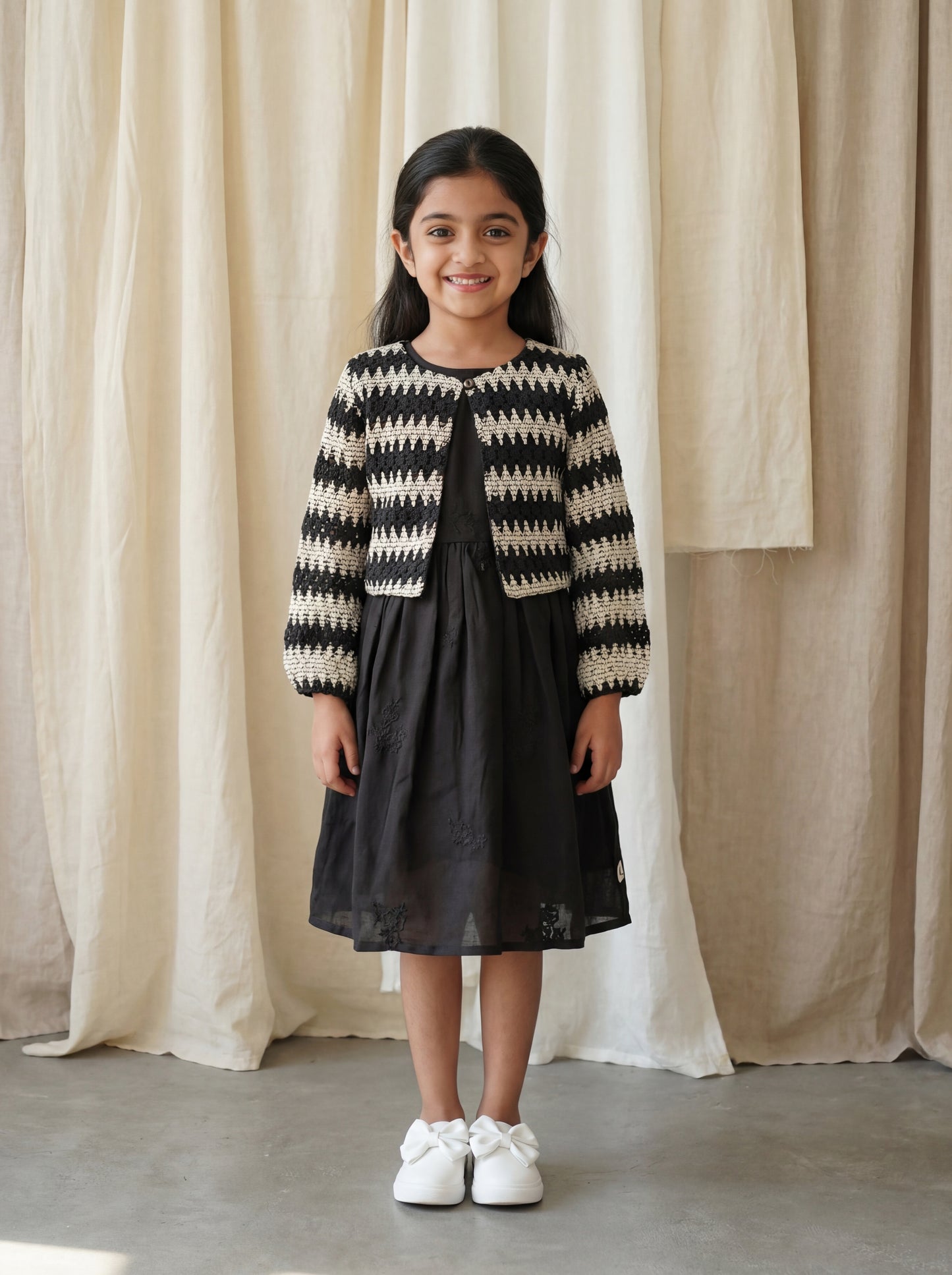 Black Linen Embroidered Dress with Handcrafted Crochet Jacket Set