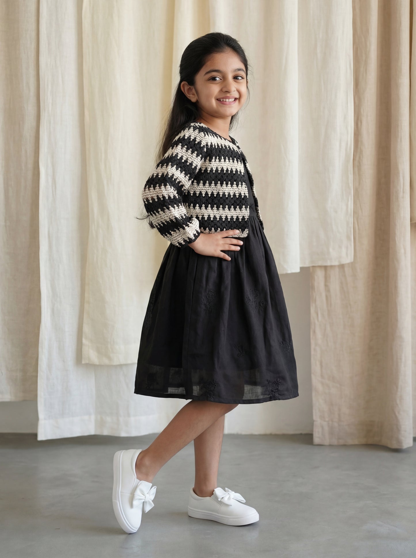 Black Linen Embroidered Dress with Handcrafted Crochet Jacket Set