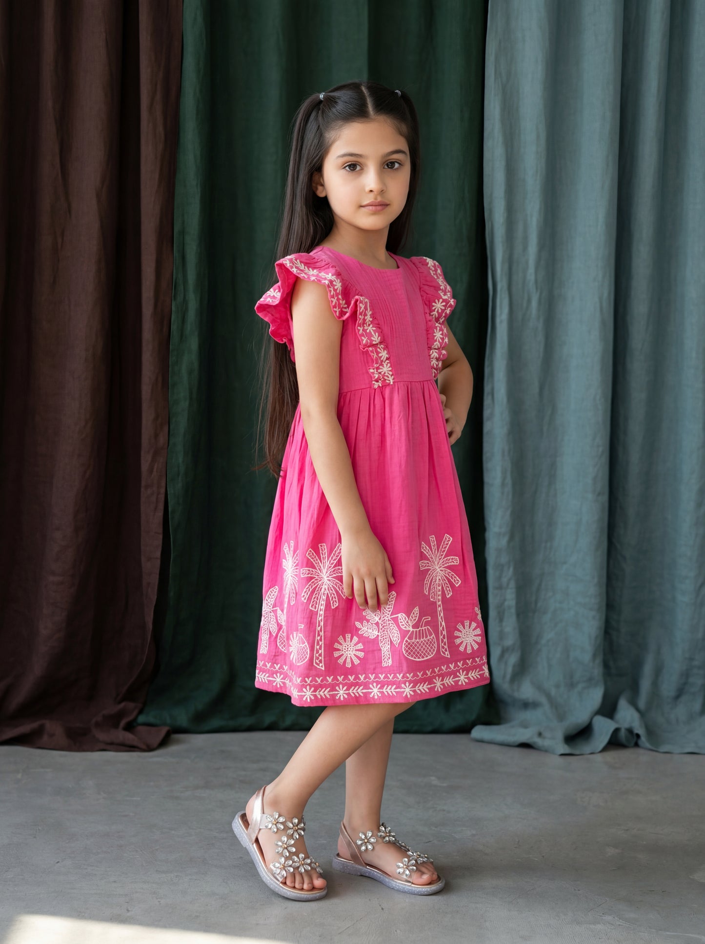 Girls Cold Shoulder Floral & Parrot Embroidered Vibrant Flared Dress