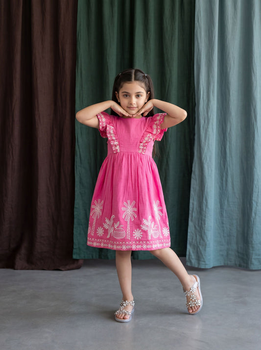 Girls Cold Shoulder Floral & Parrot Embroidered Vibrant Flared Dress