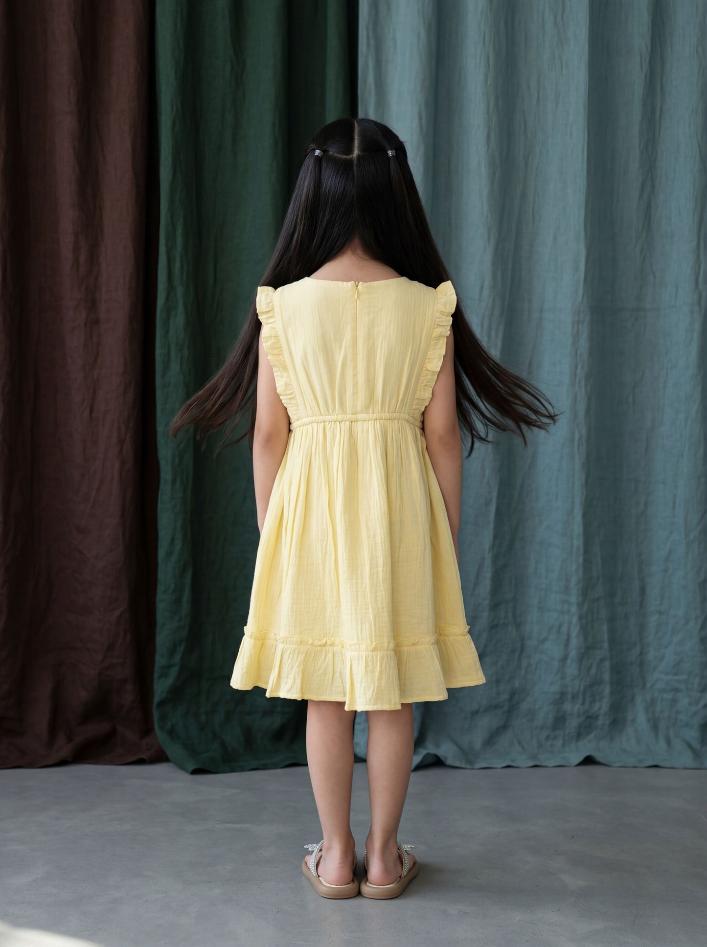 Elegant Yellow Cotton Gauze Fit & Flare Dress with Sea-Life Embroidery & Soft Frilled Sleeves
