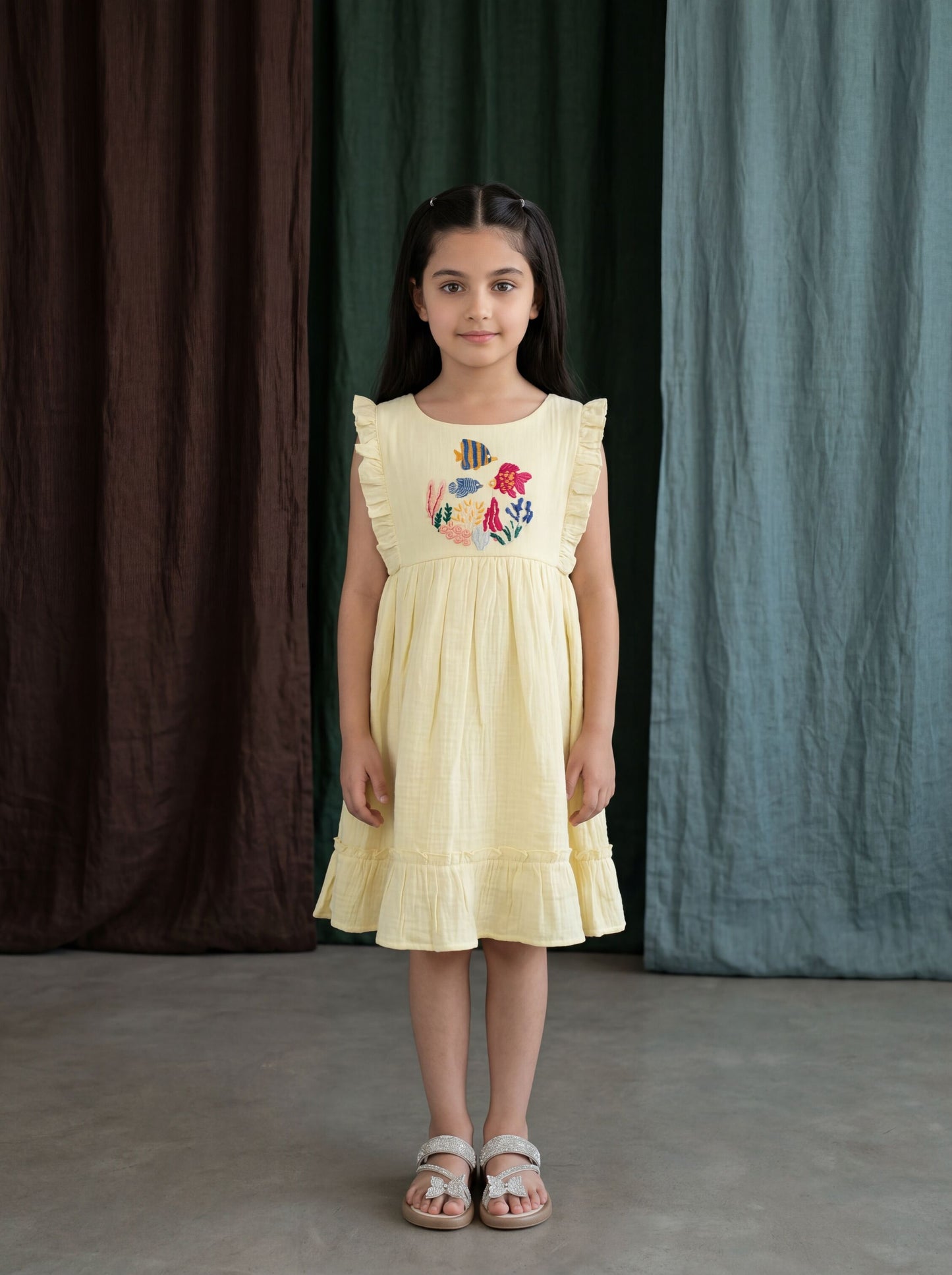 Elegant Yellow Cotton Gauze Fit & Flare Dress with Sea-Life Embroidery & Soft Frilled Sleeves