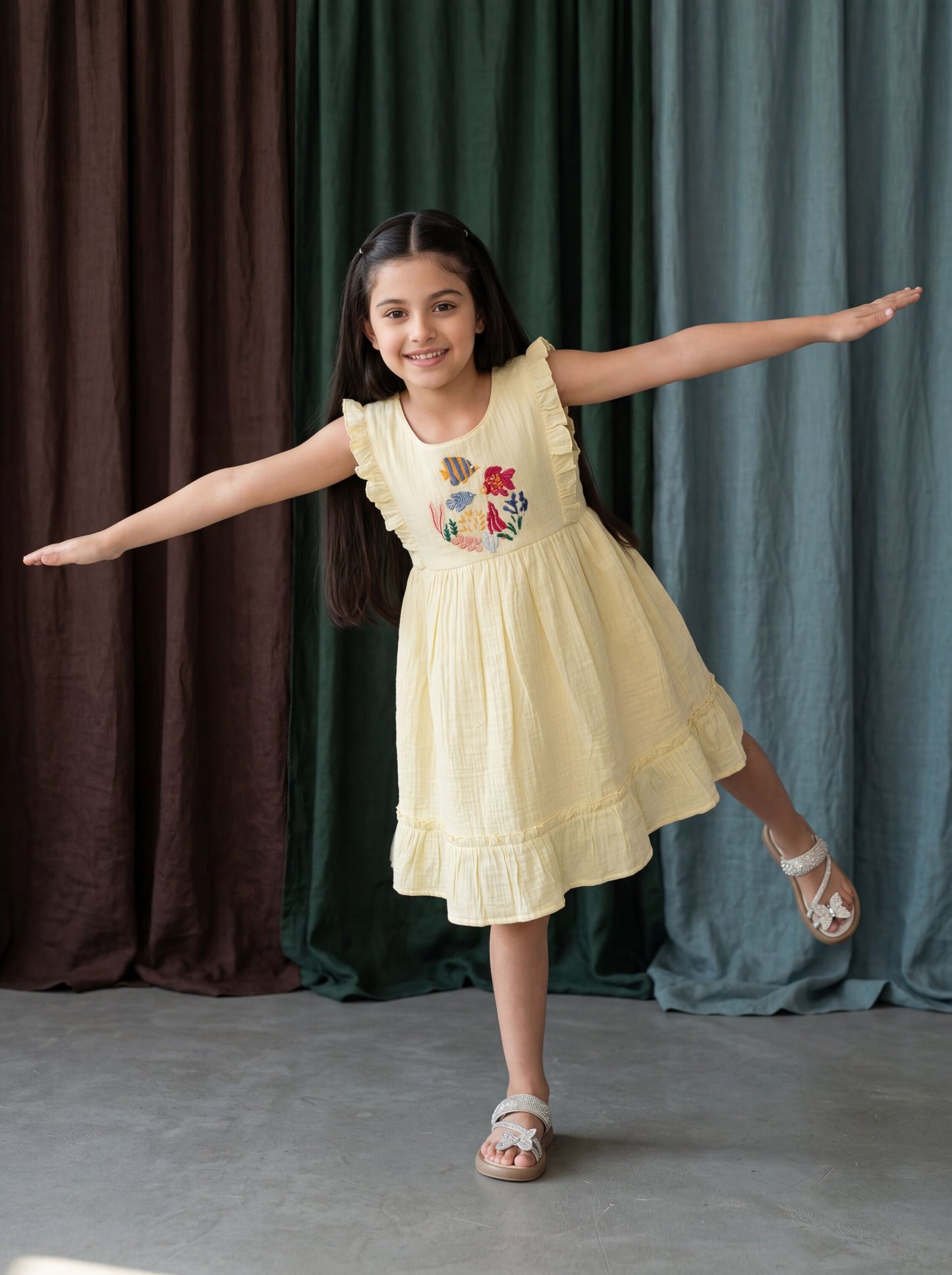 Elegant Yellow Cotton Gauze Fit & Flare Dress with Sea-Life Embroidery & Soft Frilled Sleeves