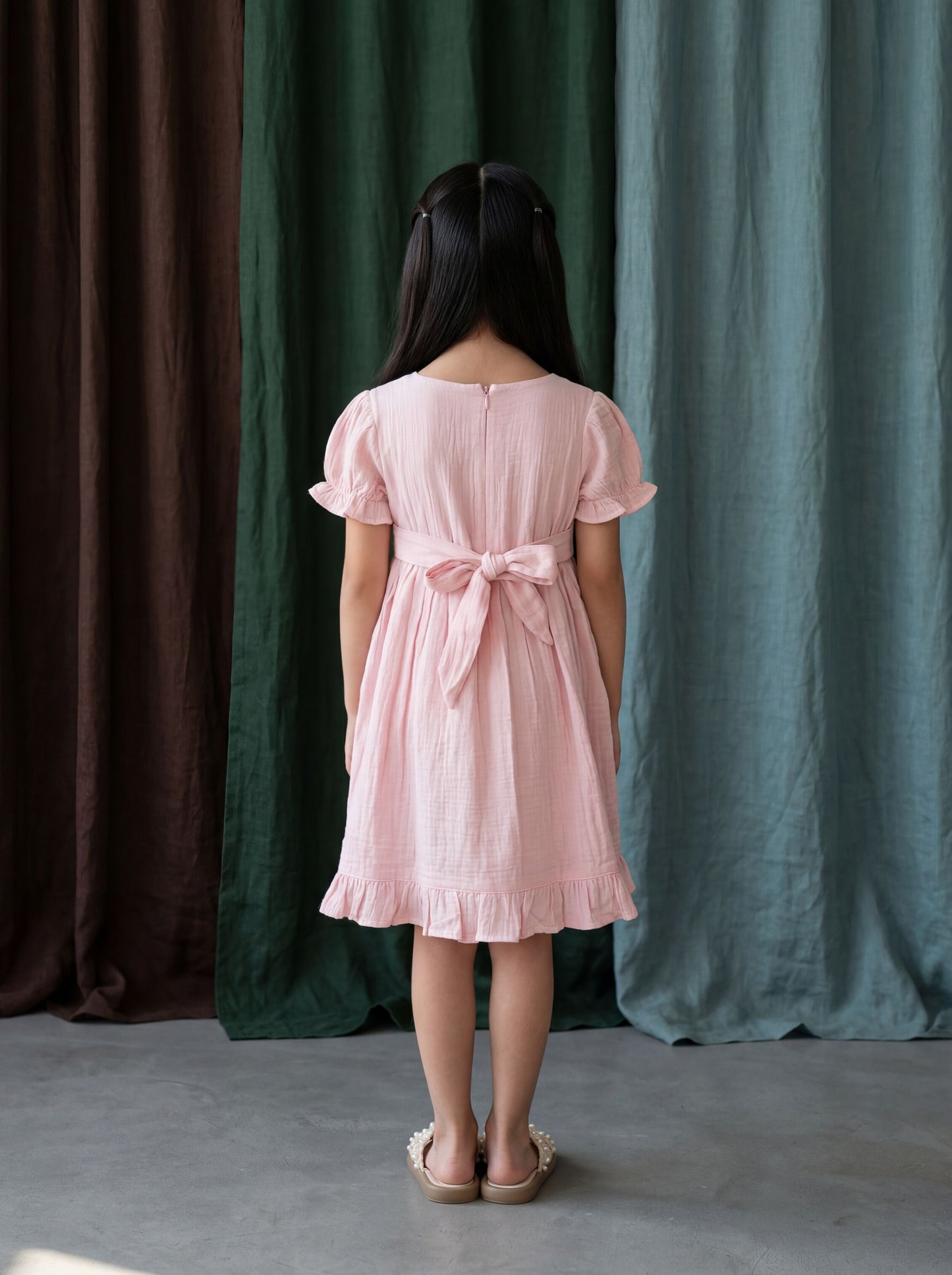 Girls Fit & Flare Dress with Sea-Creature Embroidery & Frilled Sleeves