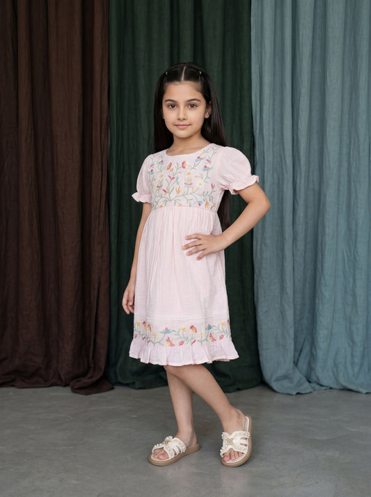 Girls Fit & Flare Dress with Sea-Creature Embroidery & Frilled Sleeves