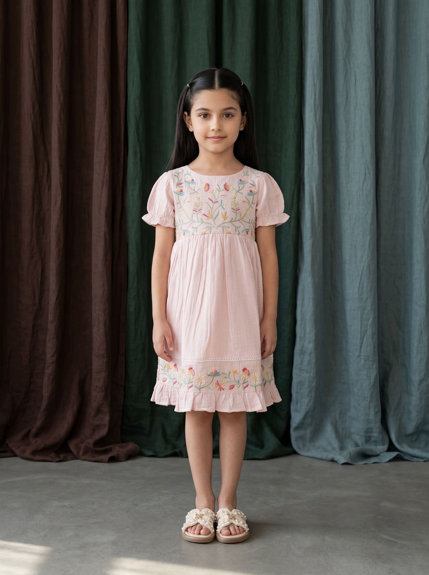Girls Fit & Flare Dress with Sea-Creature Embroidery & Frilled Sleeves