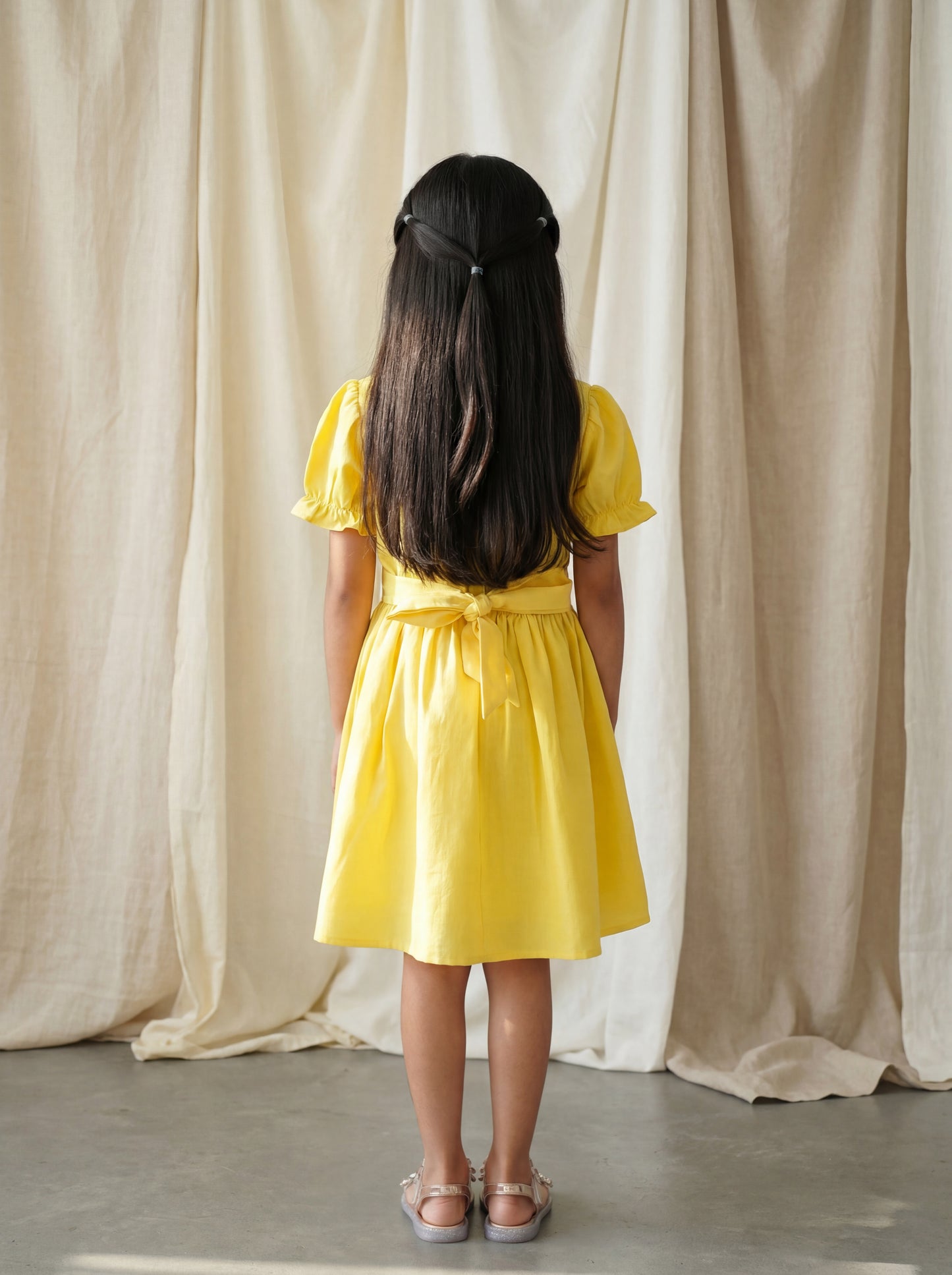 Girls Party Wear Bib Style Fit & Flare Dress with Embroidery and Side Tie-Up