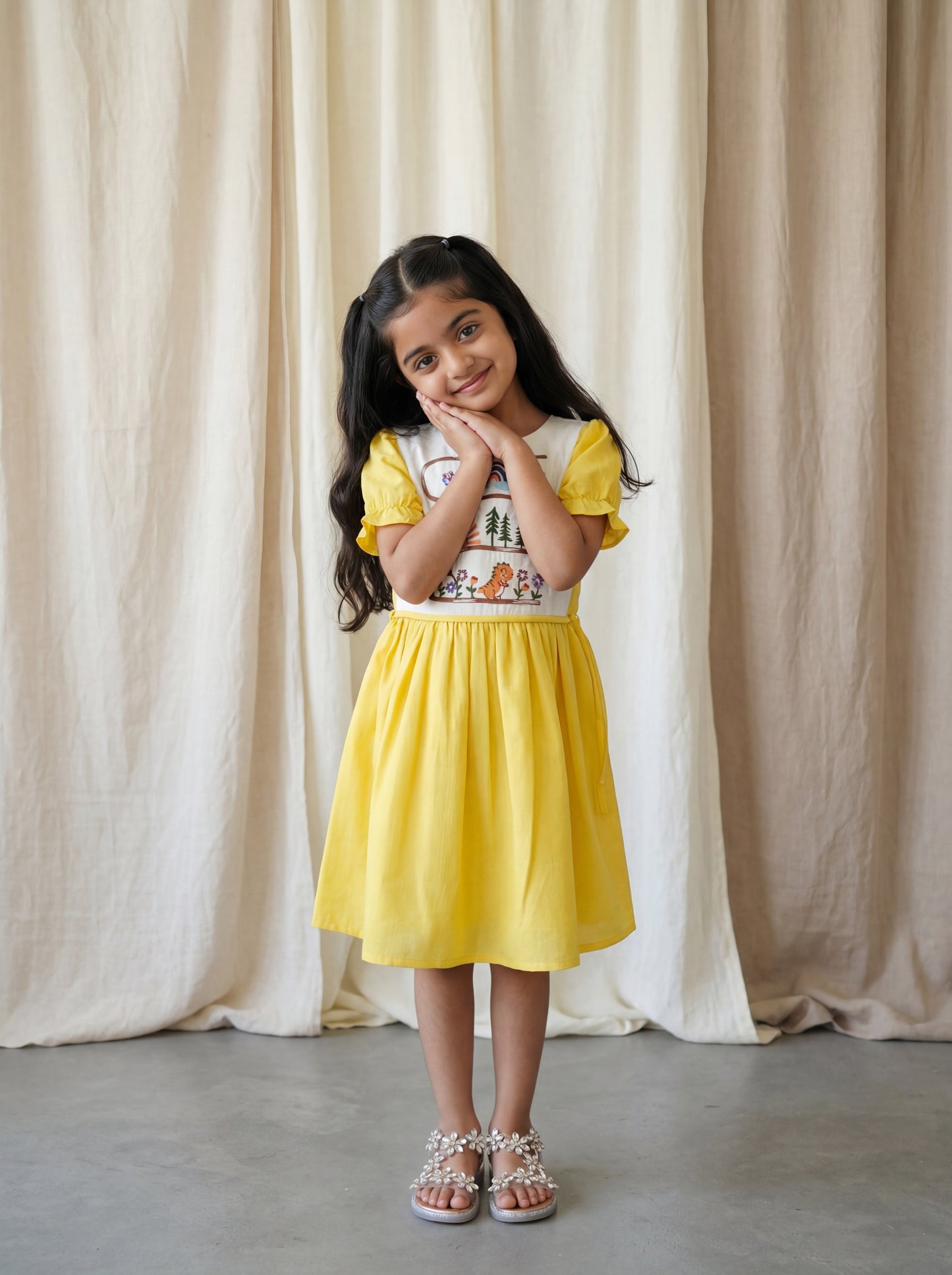 Girls Party Wear Bib Style Fit & Flare Dress with Embroidery and Side Tie-Up