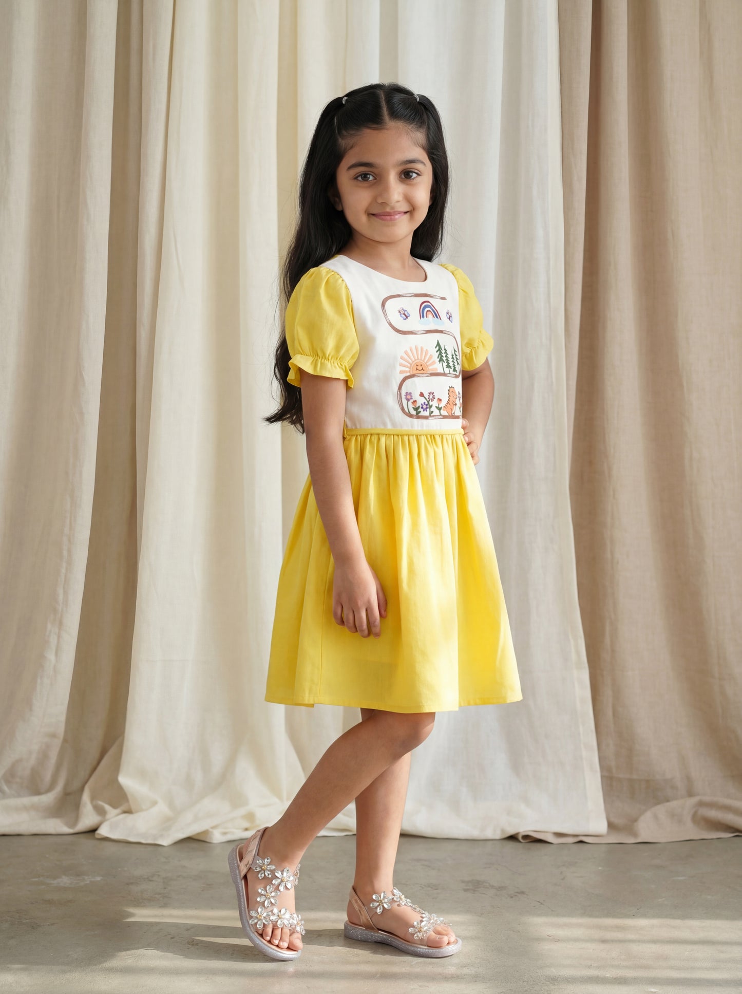 Girls Party Wear Bib Style Fit & Flare Dress with Embroidery and Side Tie-Up