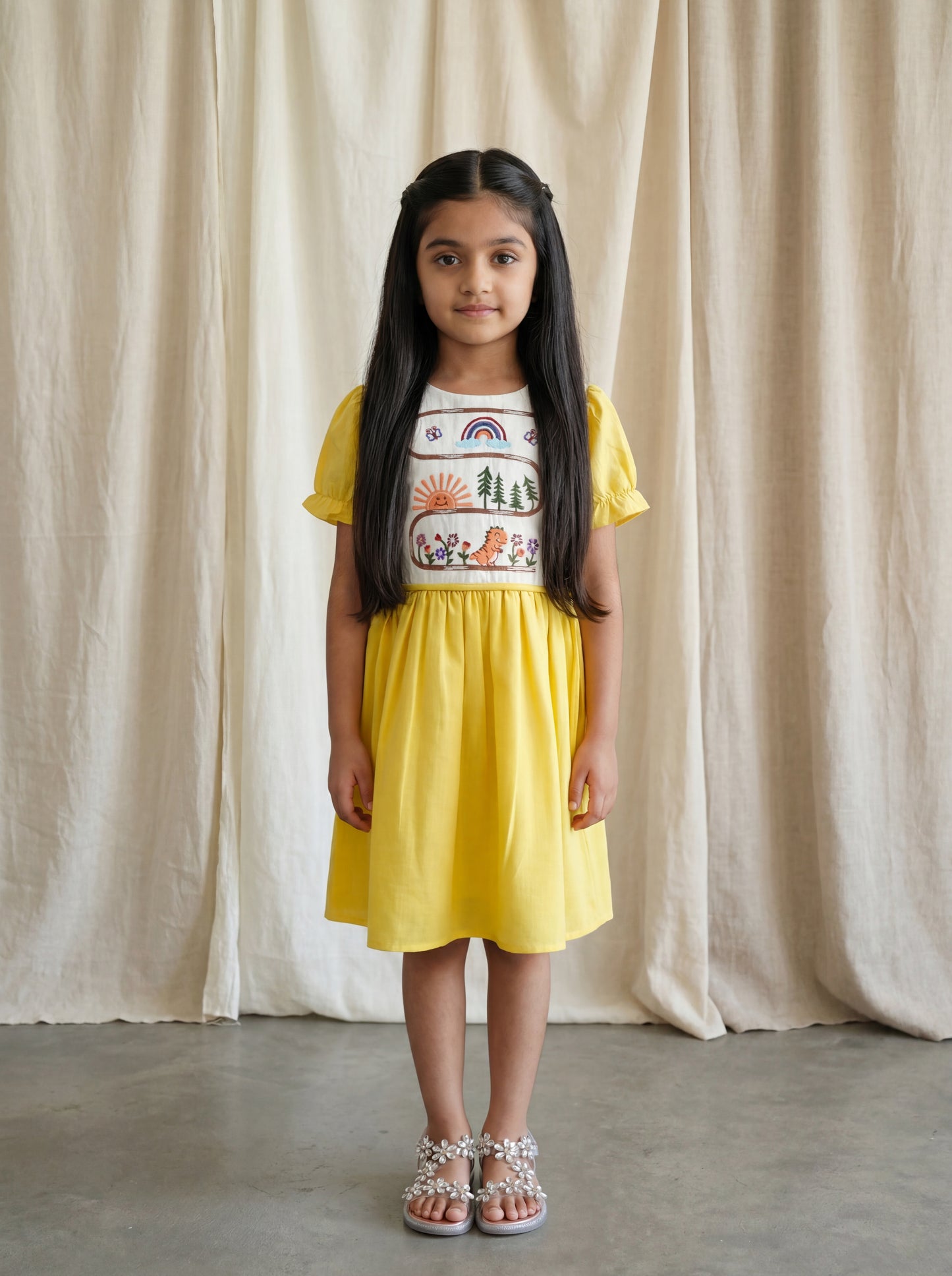 Girls Party Wear Bib Style Fit & Flare Dress with Embroidery and Side Tie-Up