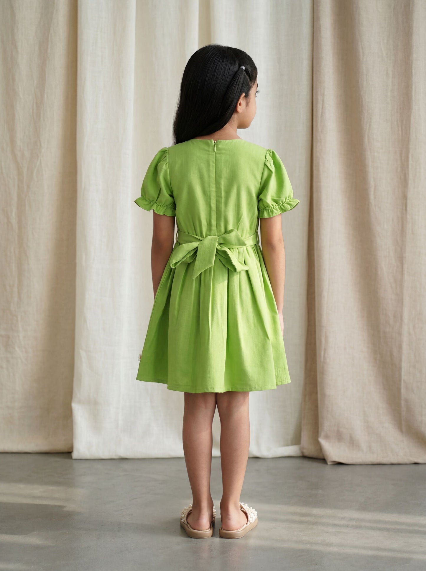 Elegant Bib-Style Fit and Flare Dress with Park Motif Embroidery and Puff Sleeve Detail