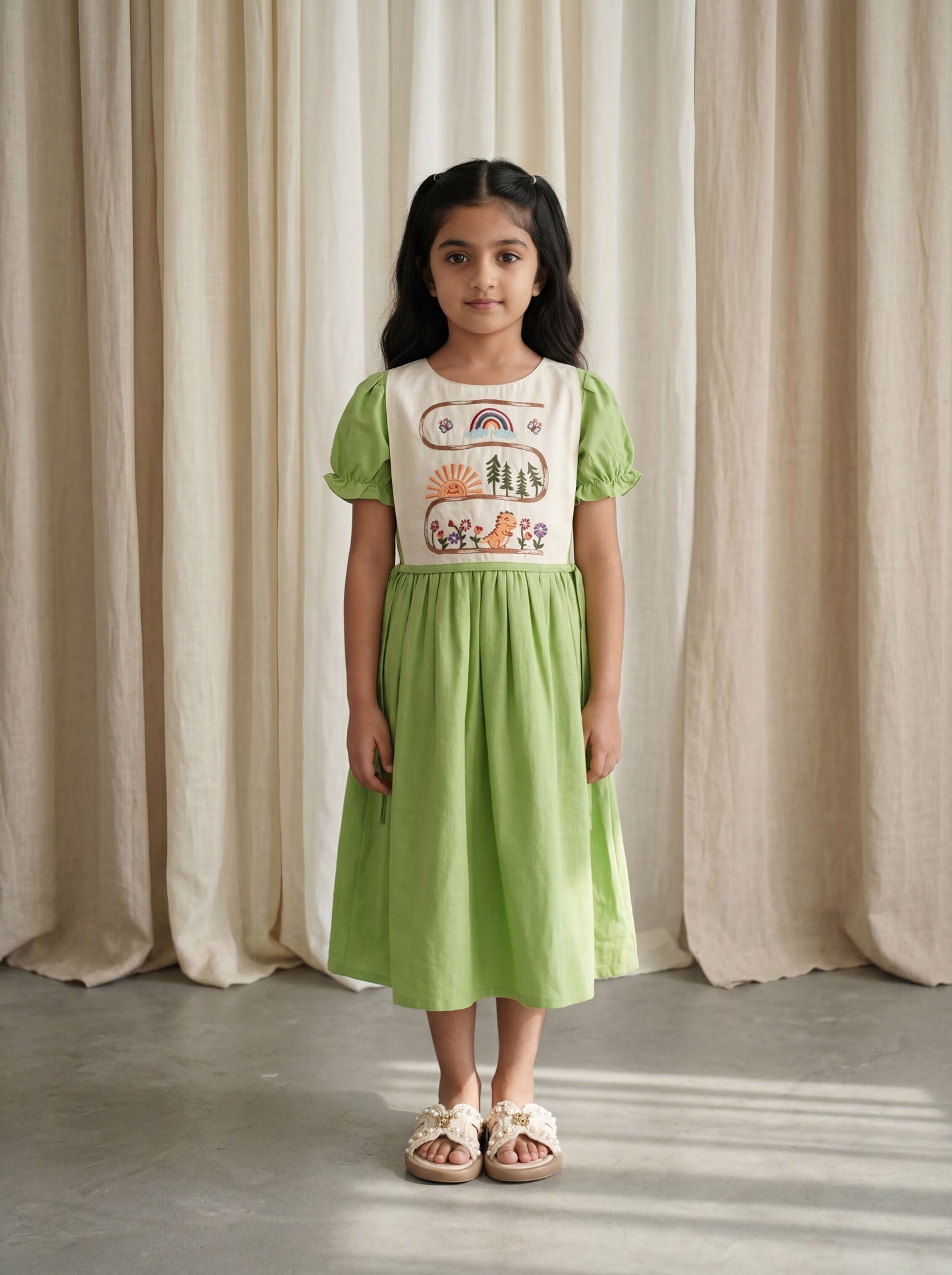 Elegant Bib-Style Fit and Flare Dress with Park Motif Embroidery and Puff Sleeve Detail