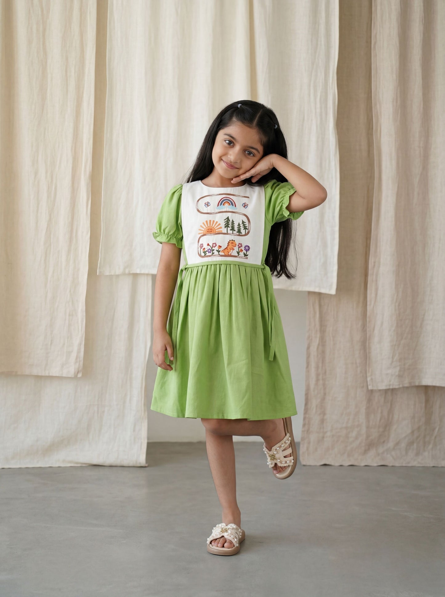 Elegant Bib-Style Fit and Flare Dress with Park Motif Embroidery and Puff Sleeve Detail
