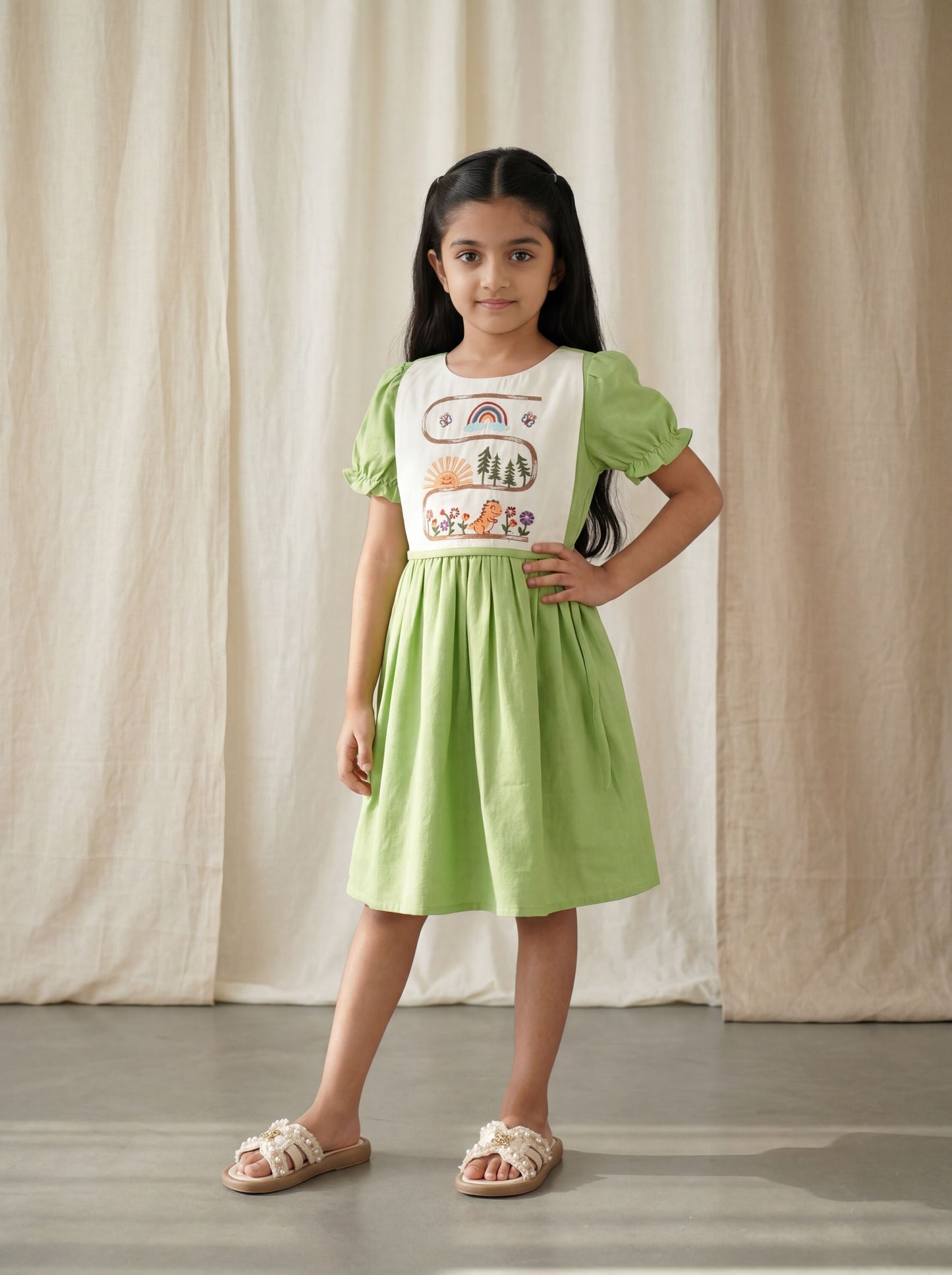 Elegant Bib-Style Fit and Flare Dress with Park Motif Embroidery and Puff Sleeve Detail