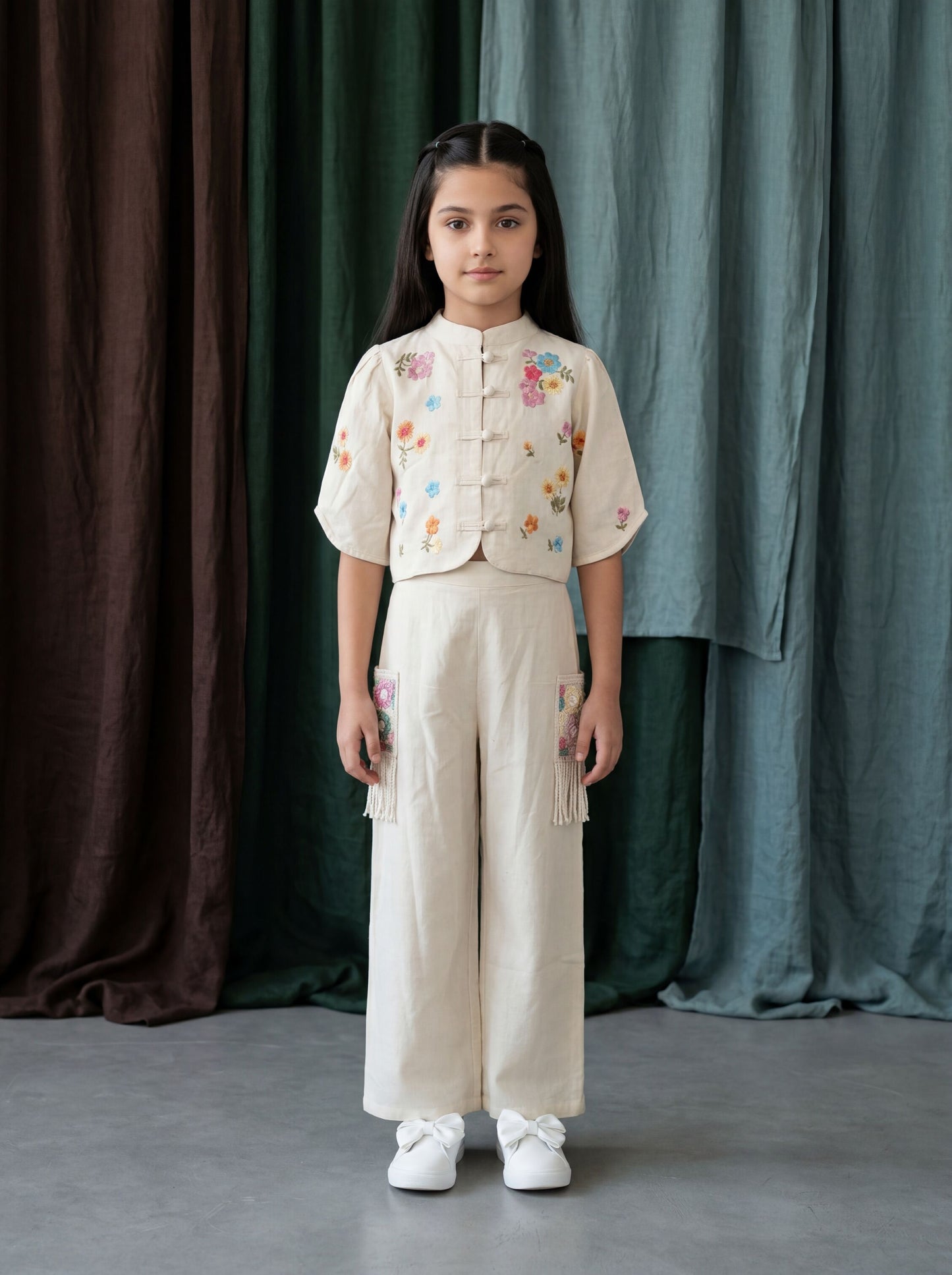 Square Neck Crochet Blouse with Wooden Button Closure and Pocket Design