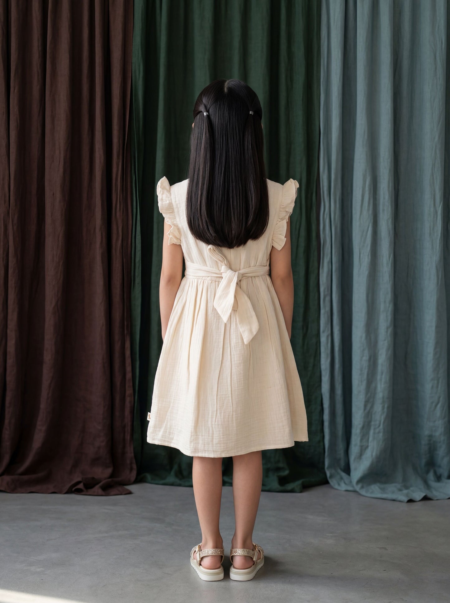 Elegant Fit and Flare Dress with Delicate Sea-Inspired Embroidery & Frill Sleeves