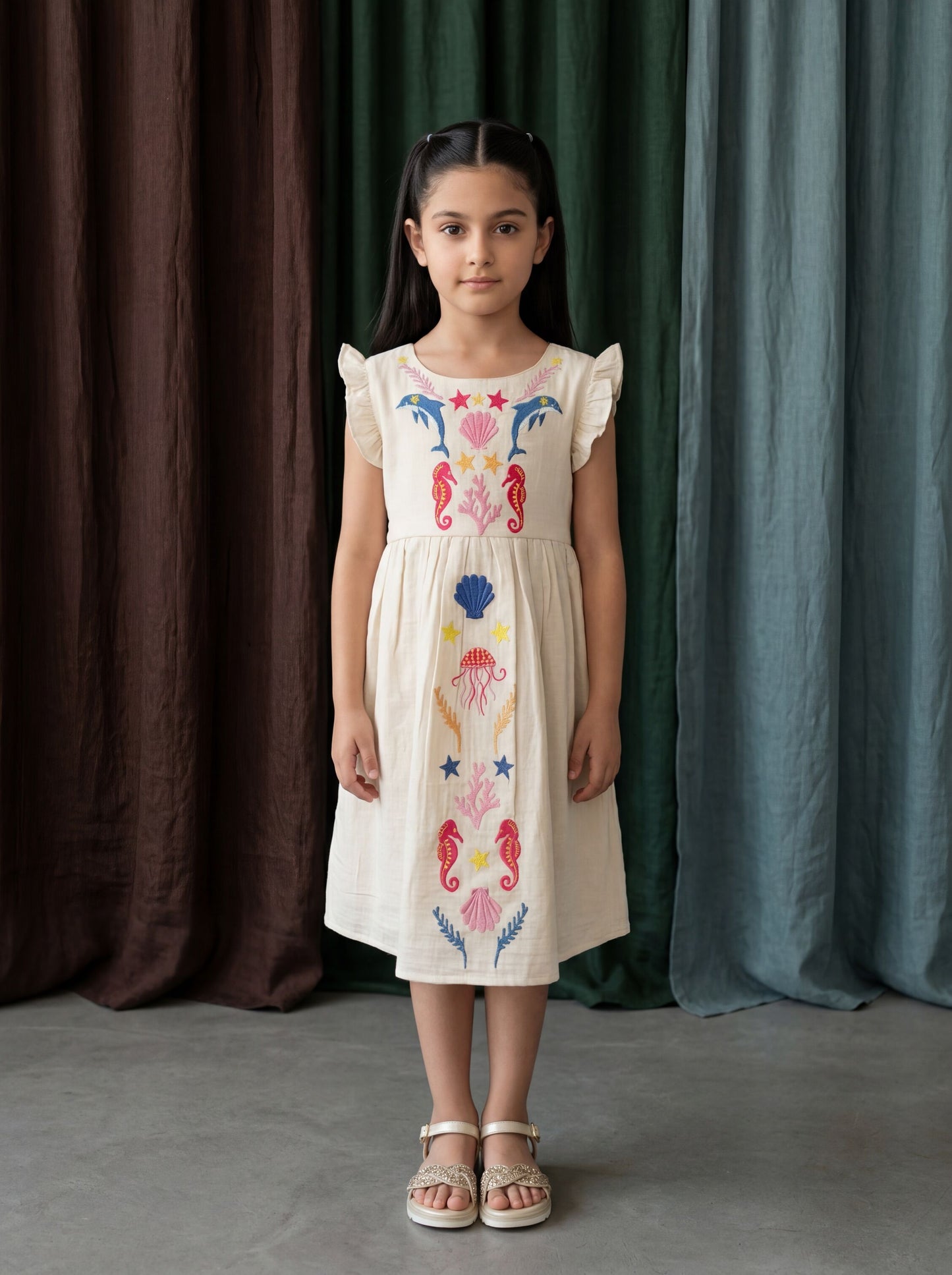 Elegant Fit and Flare Dress with Delicate Sea-Inspired Embroidery & Frill Sleeves