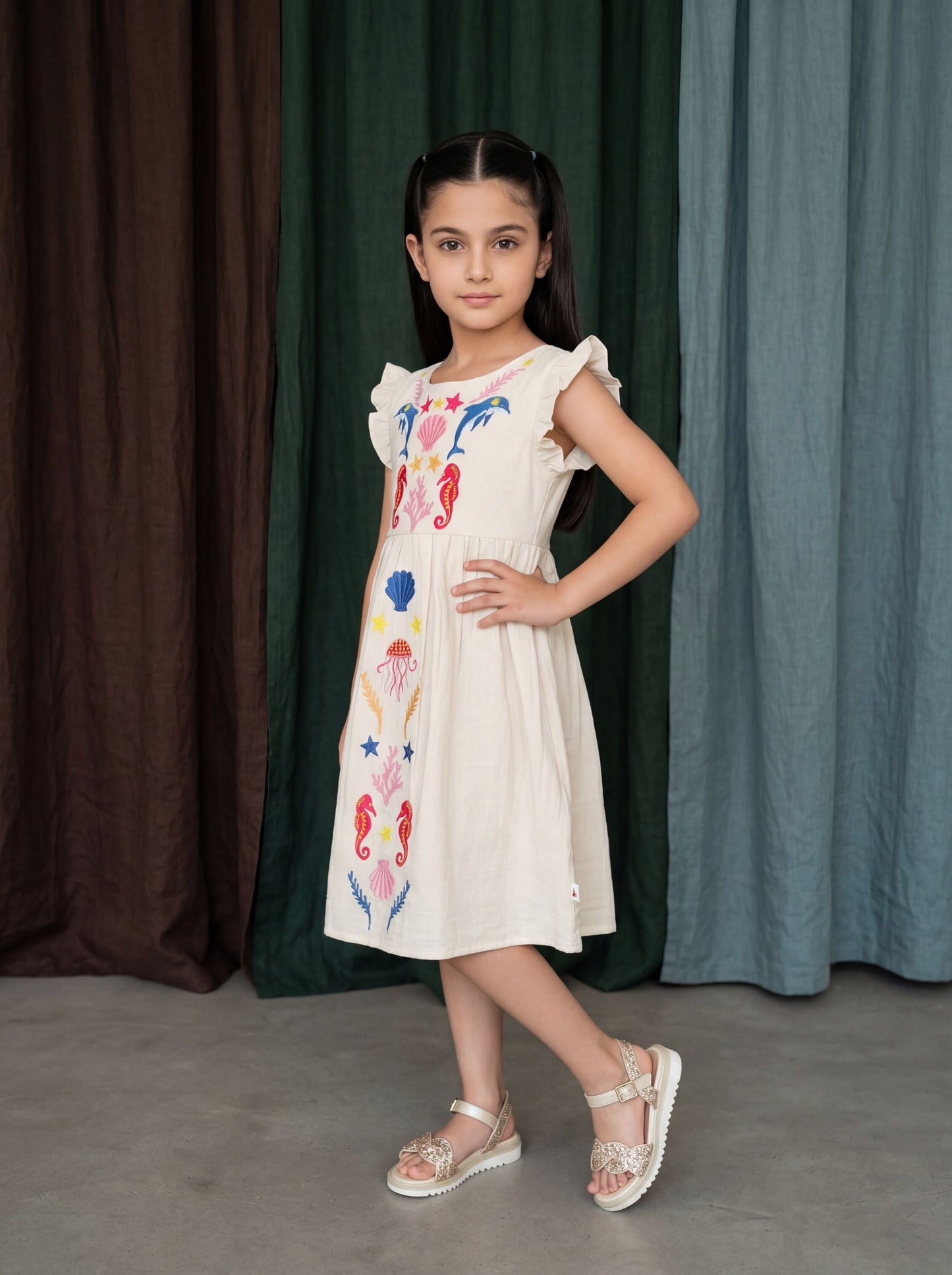 Elegant Fit and Flare Dress with Delicate Sea-Inspired Embroidery & Frill Sleeves