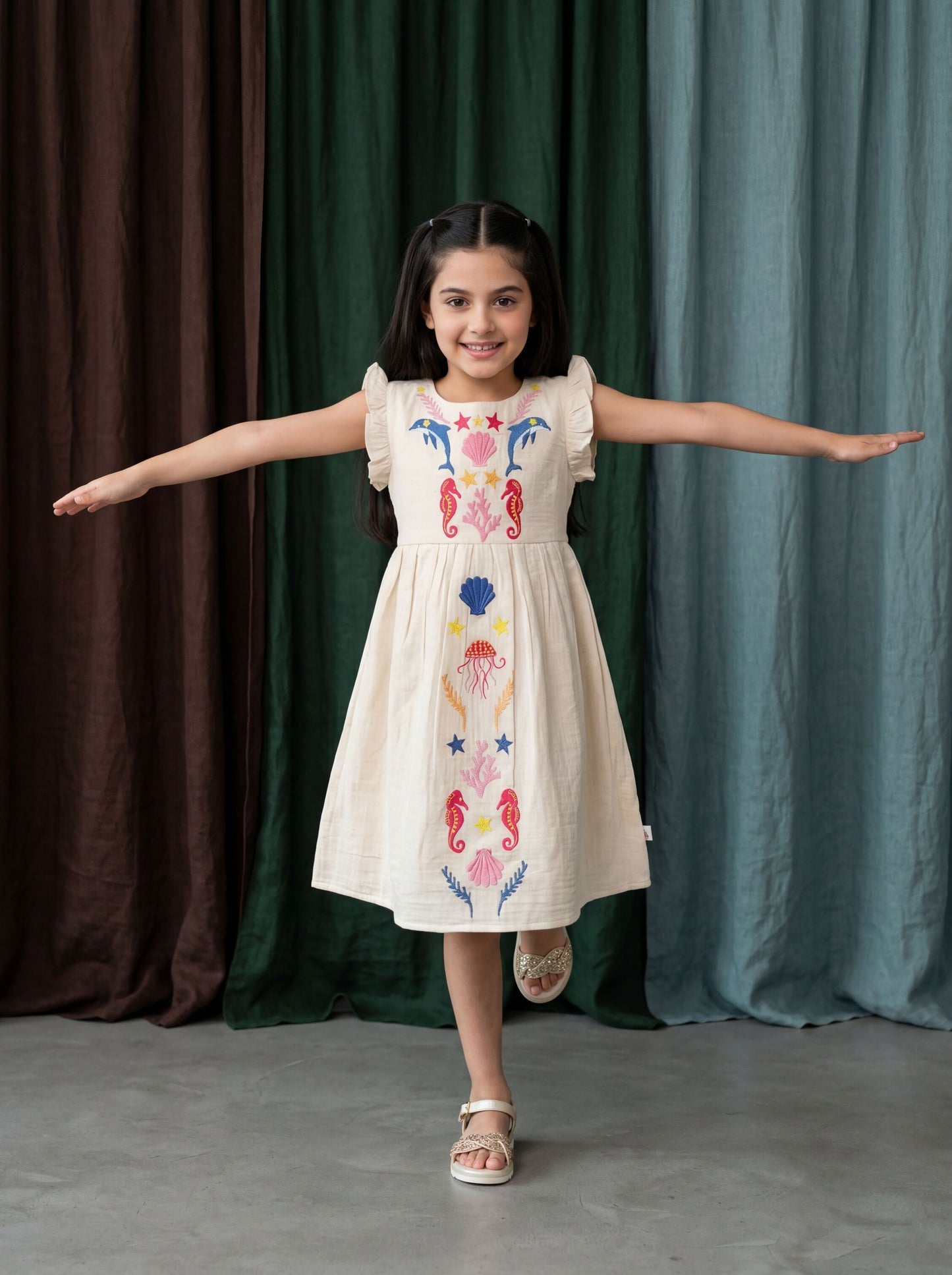 Elegant Fit and Flare Dress with Delicate Sea-Inspired Embroidery & Frill Sleeves