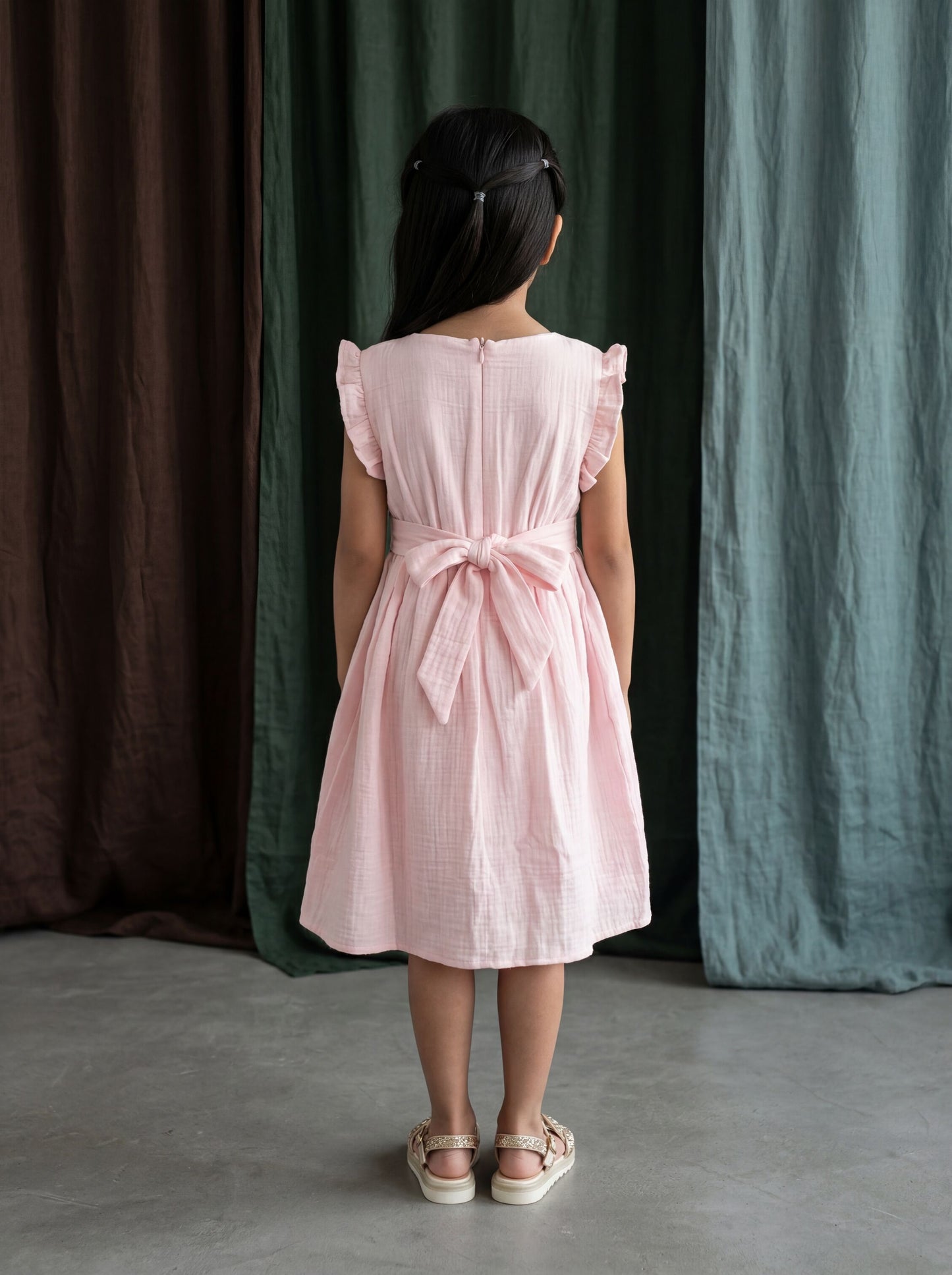 Cotton Gauze Fit & Flare Dress Featuring Ocean-Inspired Embroidery & Frill Sleeves