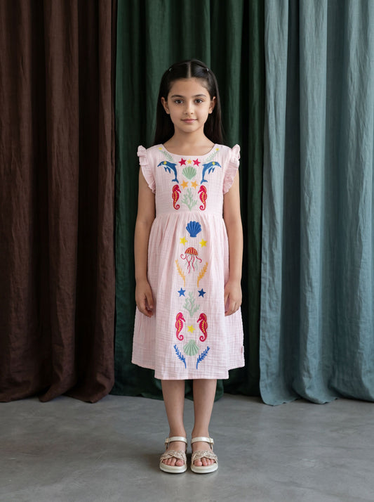 Cotton Gauze Fit & Flare Dress Featuring Ocean-Inspired Embroidery & Frill Sleeves