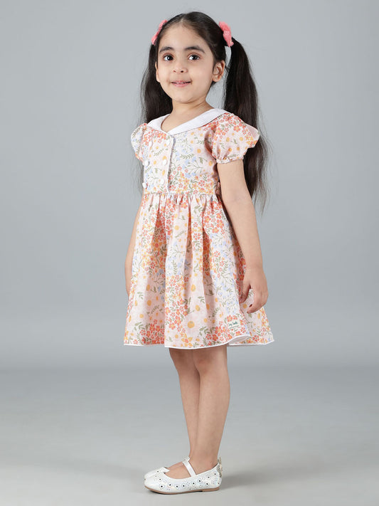 PEACH FLOWER PRINT FRONT BUTTONED DRESS