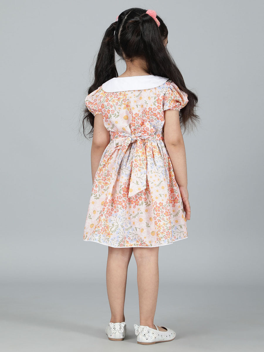 PEACH FLOWER PRINT FRONT BUTTONED DRESS