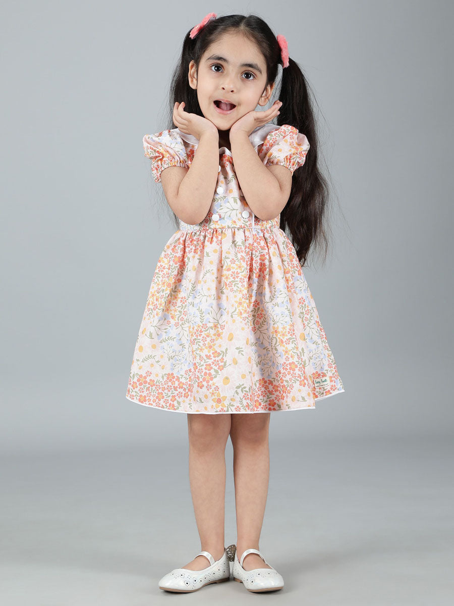 PEACH FLOWER PRINT FRONT BUTTONED DRESS