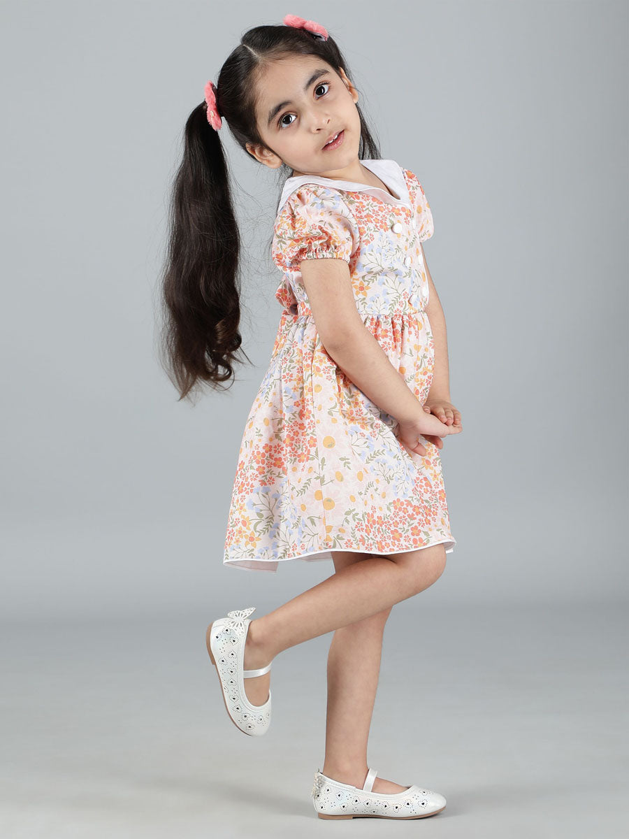 PEACH FLOWER PRINT FRONT BUTTONED DRESS